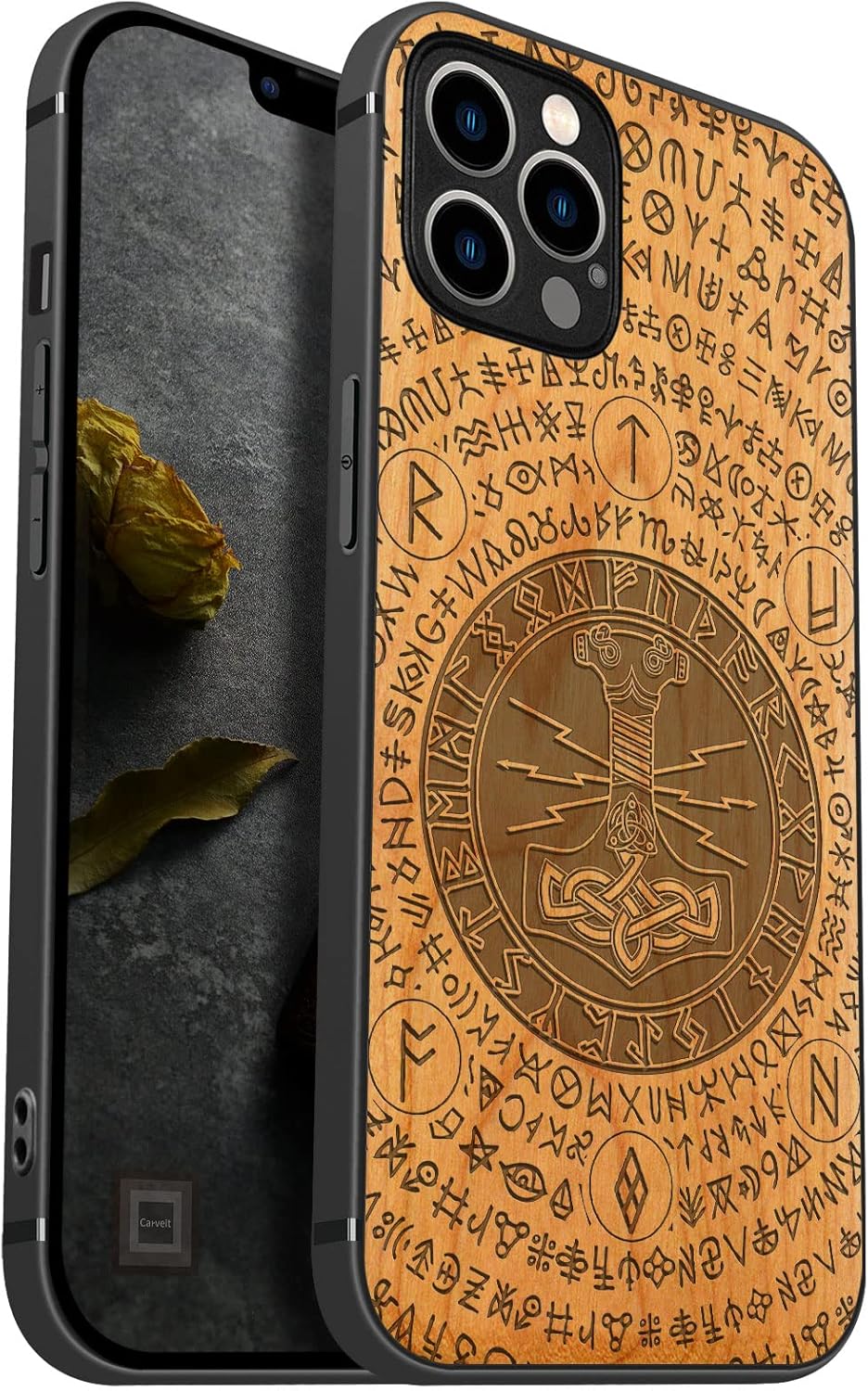 Carveit Magnetic Wood Case for iPhone 12 Pro Max Case [Natural Wood & Black Soft TPU] Shockproof Protective Unique & Classy Wooden Cover Compatible with MagSafe (Thors Hammer -Walnut)