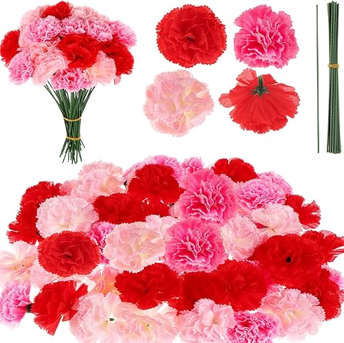 Paquete de 120 claveles artificiales con tallos y hojas, flor eterna, clavel de seda, pompones, mini hortensias, fiesta de cumpleaños para el hogar,