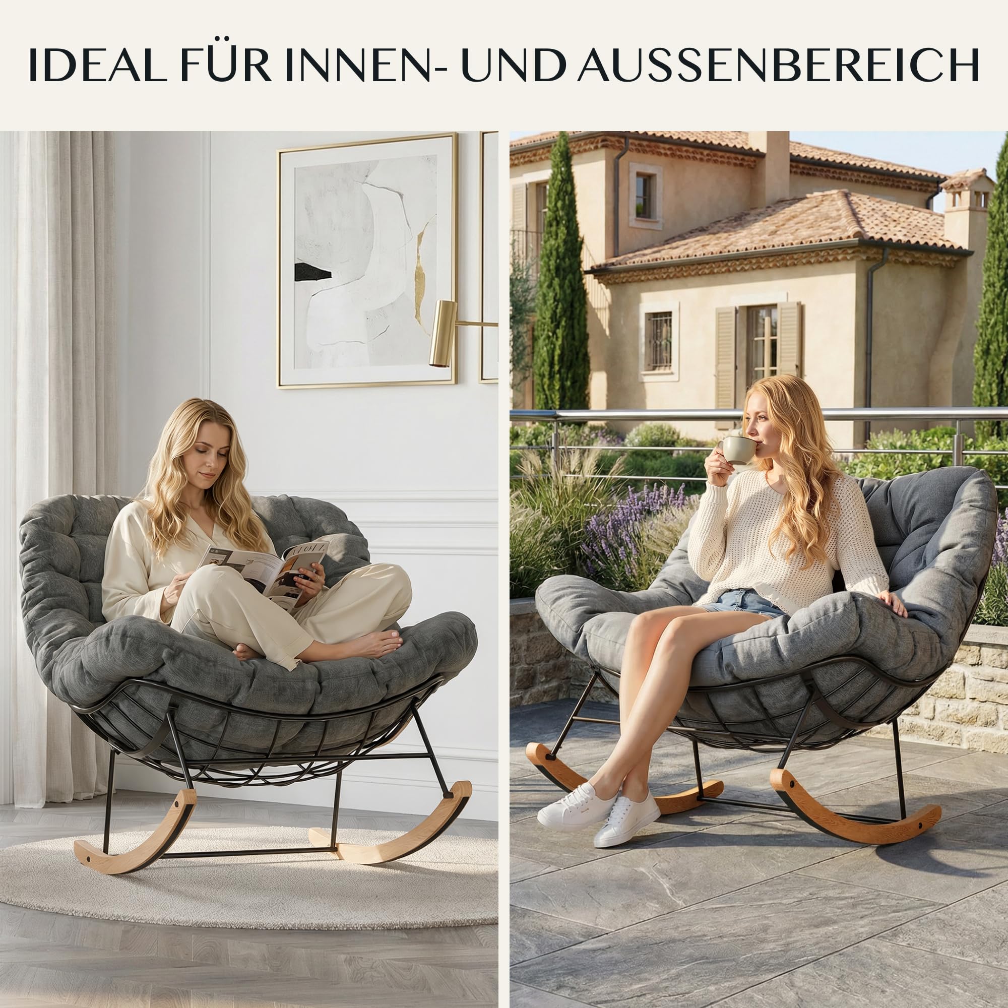 FLEXISPOT Schaukelstuhl Garten, Schwingsessel mit Kopfkissen, wasserfester Bezug, gepolsterter Relaxstuhl bis 159 kg, für Wohnzimmer, Schlafzimmer, Balkon, Grau