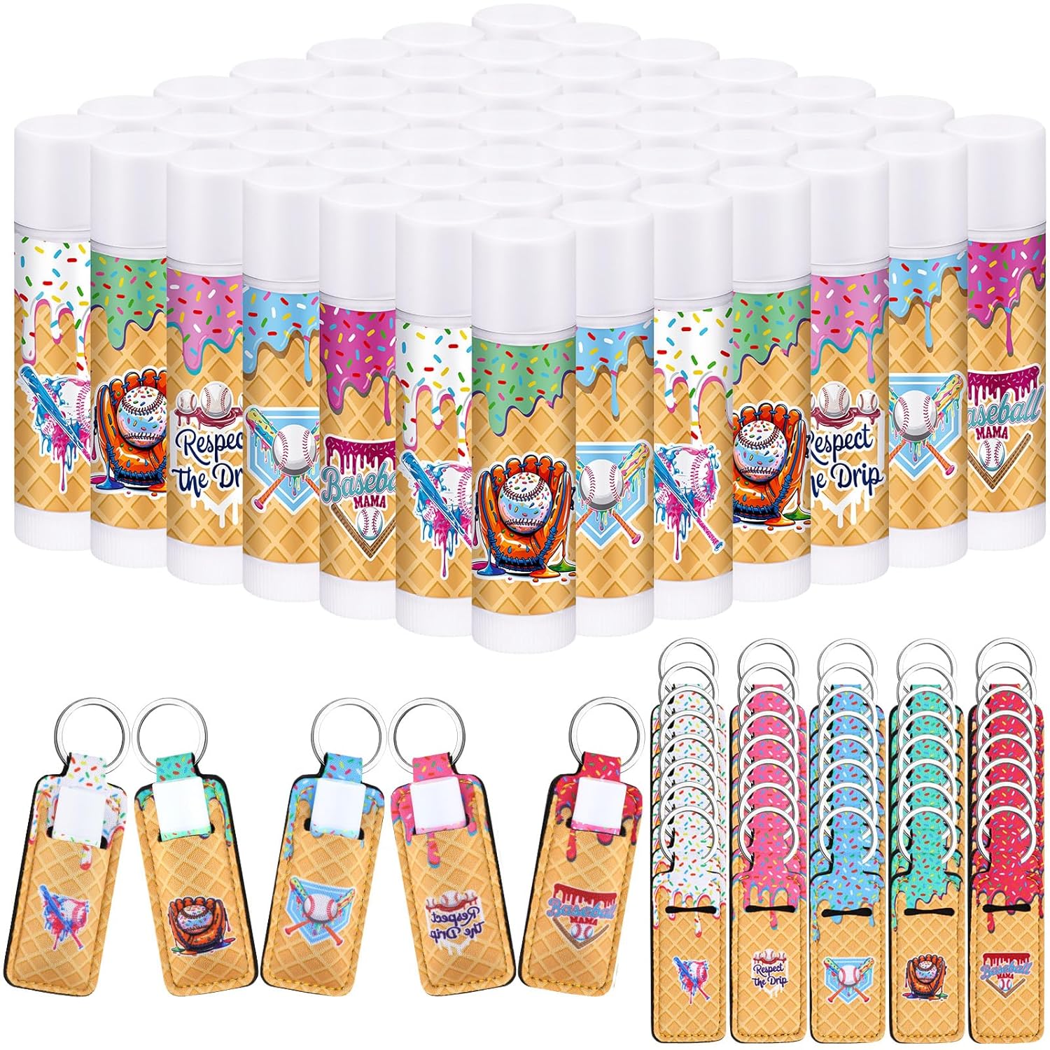50 Set Ice Cream Drip Baseball Gifts Party Favors Bulk, Baseballs Drip Ice Cream Lip Balms with Lipstick Holder Team Gifts for Dripping Sports Birthday Inspirational for Teen Adults
