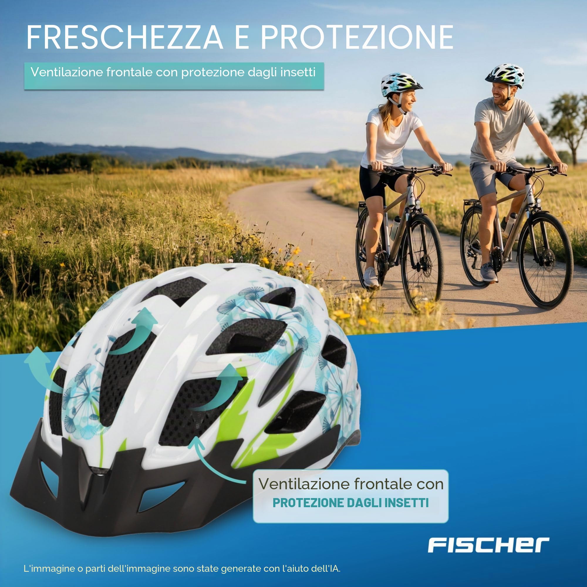 FISCHER adulti Urban Flowers Casco da bici, Blu/Bianco/Verde, S/M