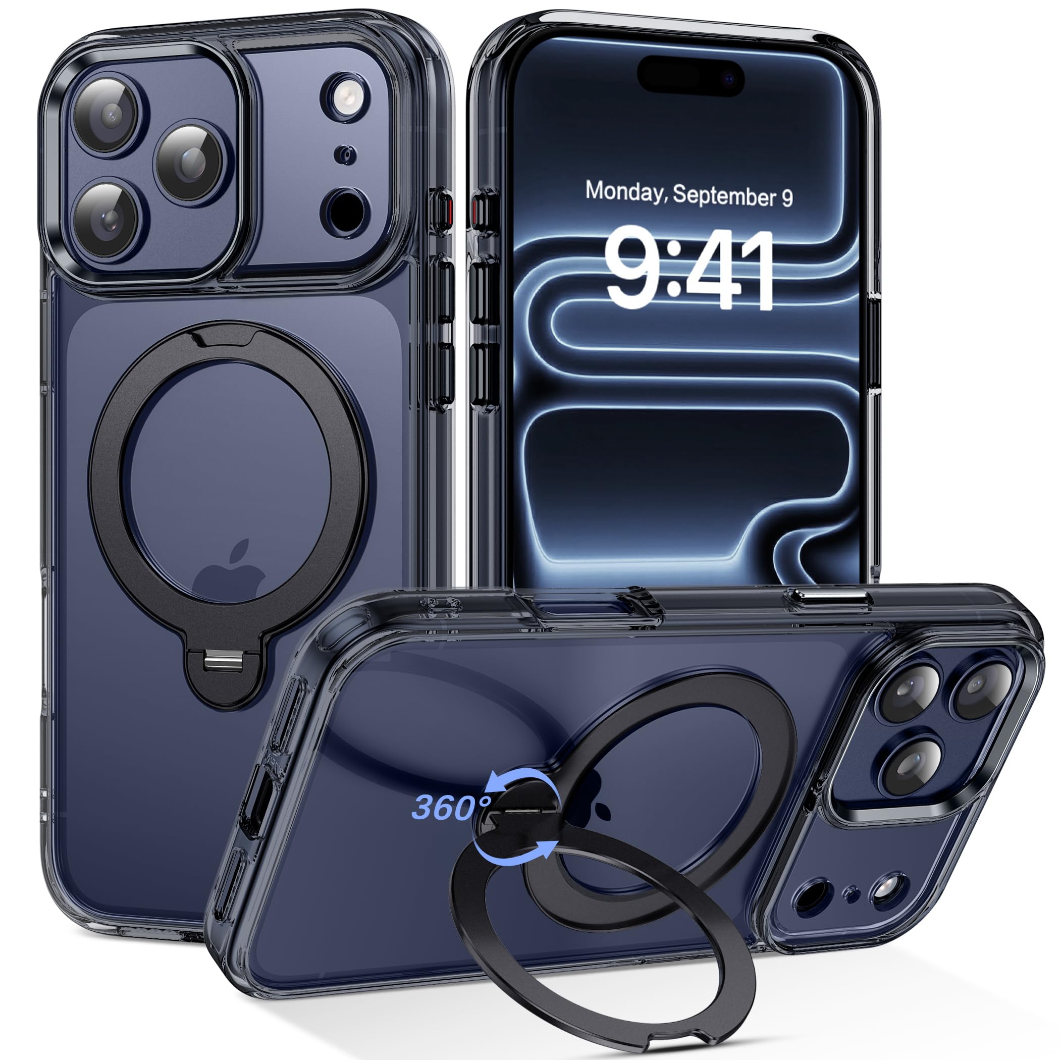 Cover Magnetica per iPhone 15 con Cavalletto Compatibile con MagSafe Custodia con Supporto, Protezione Antiurto di Livello Militare Cellulare Case Retro Resistente ai Graffi, Trasparente