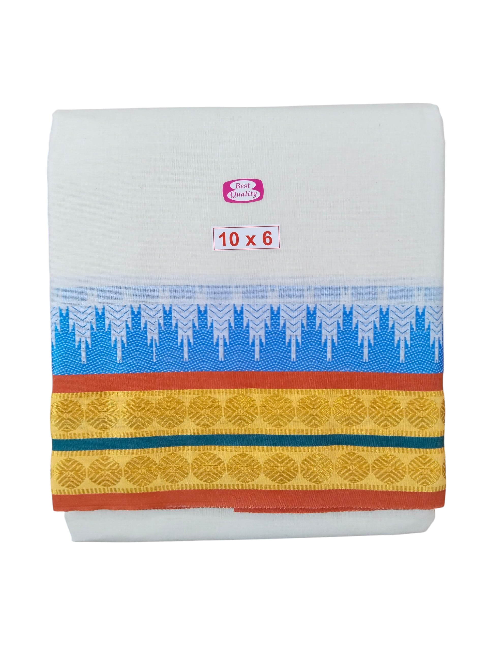 sri raajam textiles Traditional Mens Pure Cotton Fancy Dhoti with Angavashtram, 10x6 Size, 5 Inch Colour & Zari Border, Cream Off White Colour, 4.5 Metres Dhoti with 2.75 Metres Angavashtram,10+6 (Temple Tower Border)-picture-11