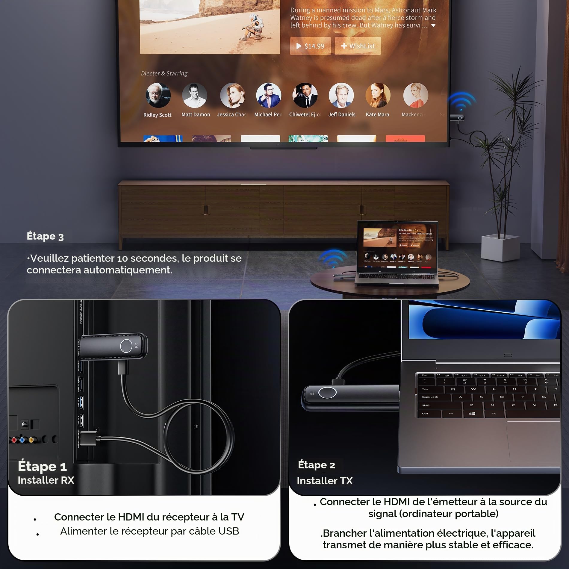 Aceele Émetteur et récepteur HDMI sans fil, Full HD 1080p Émetteur et récepteur HDMI 50 m, 2,4 G/5G Adaptateur d'affichage sans fil pour streaming vidéo d'un ordinateur portable/PC à moniteur/TV