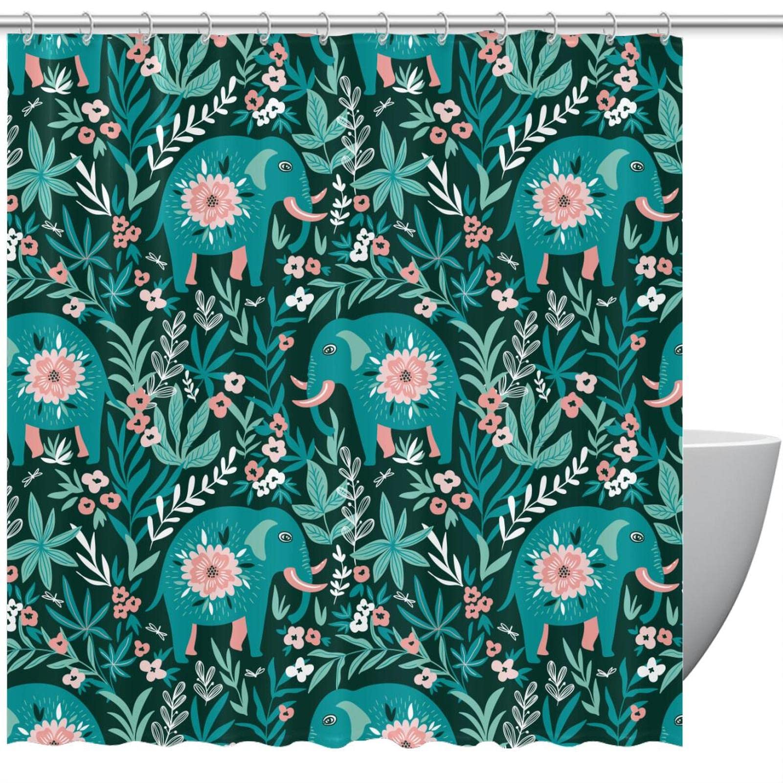 Rideau de douche éléphant vert 183 cm en tissu imperméable