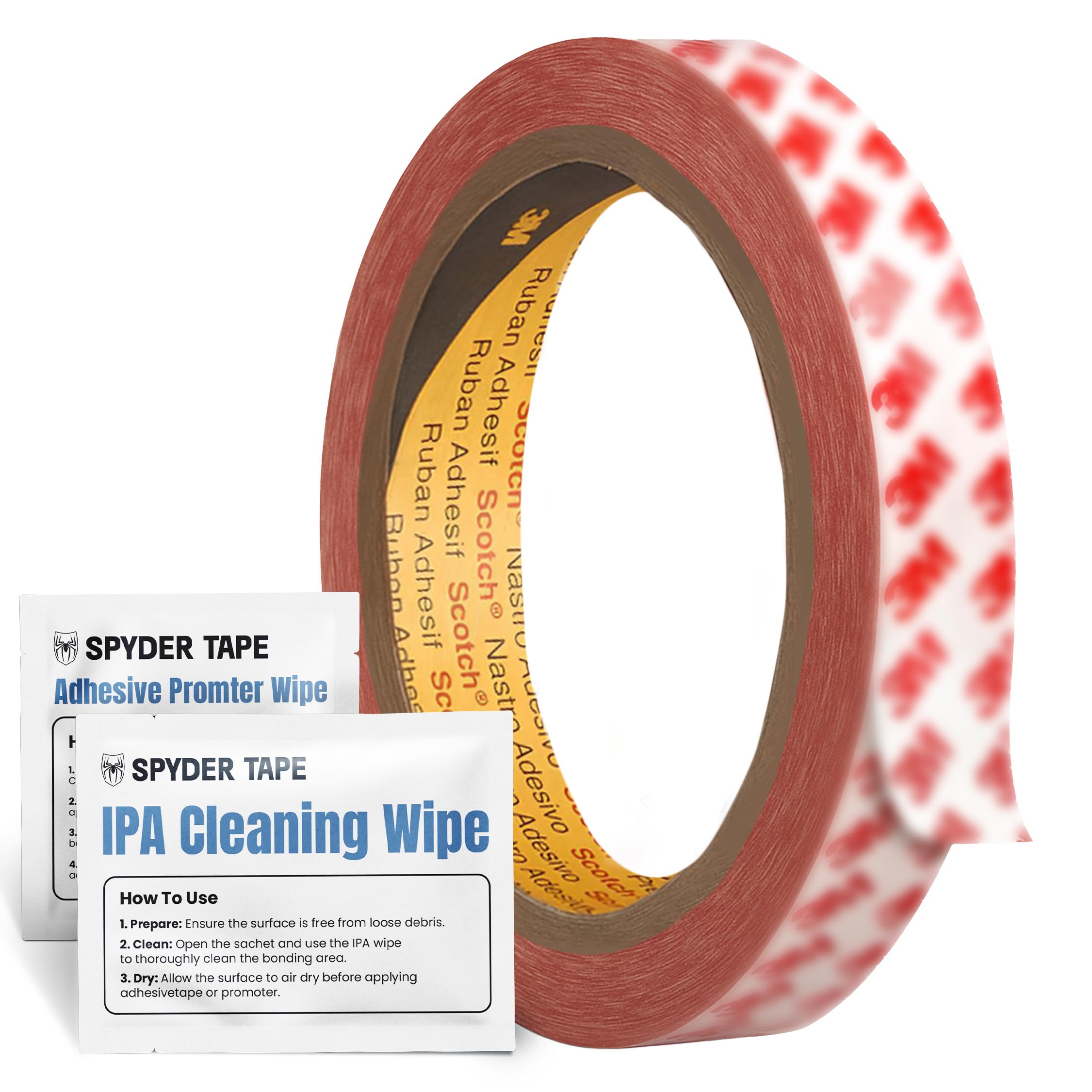 9088 Thin Double Sided Adhesive Tape - High Tack Transparent Mounting Tape for Plastic, Metal, Glass & Smooth Surfaces - Industrial Strength Clear Acrylic Adhesive 25mm x 10m with IPA & Promoter Wipes