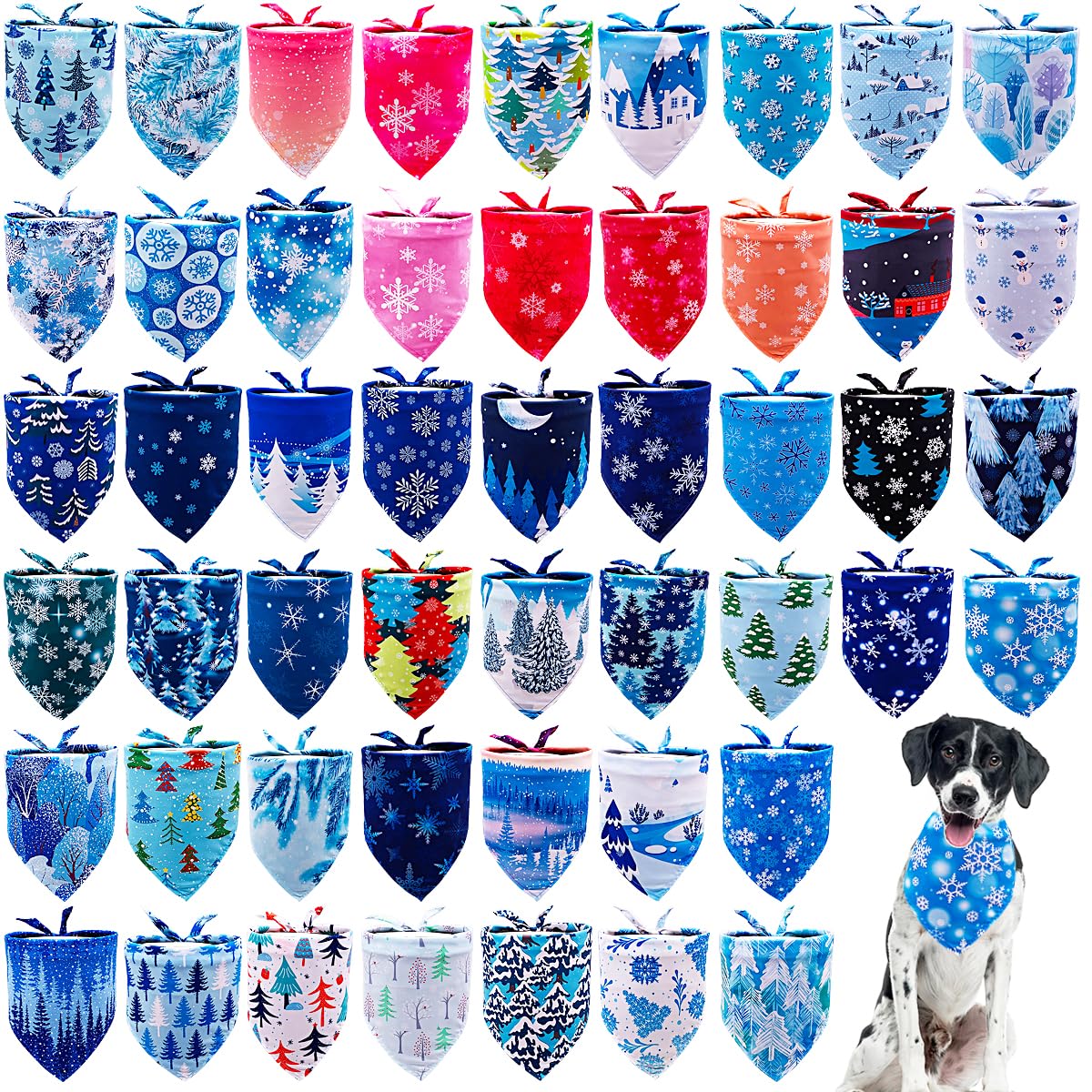 Halstücher für große Hunde, für den Winter, Großpackung, 84 cm, für große Hunde, Schnee-Wald-Muster, Dreieckstuch, Webkante, Nähkante, Saumnaht für Fellpflege-Zubehör, 50 Stück