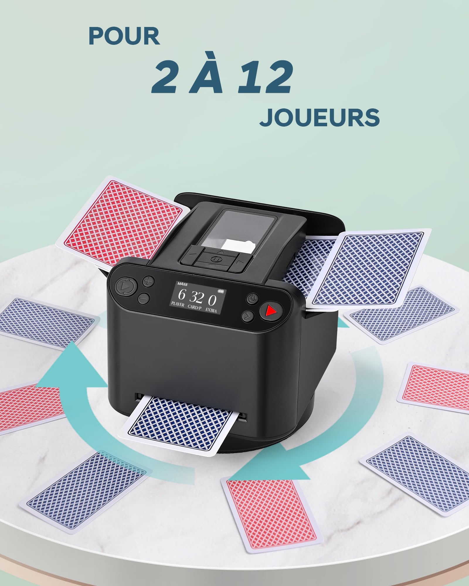 Mélangeur et Distributeur de Cartes Automatique – Rotation 360° pour 1–2 Jeux, 2–12 Joueurs avec 4 Télécommandes | Modes de Jeu Intégrés, Rechargeable & Silencieux pour Poker, UNO, Phase 10 (Noir)