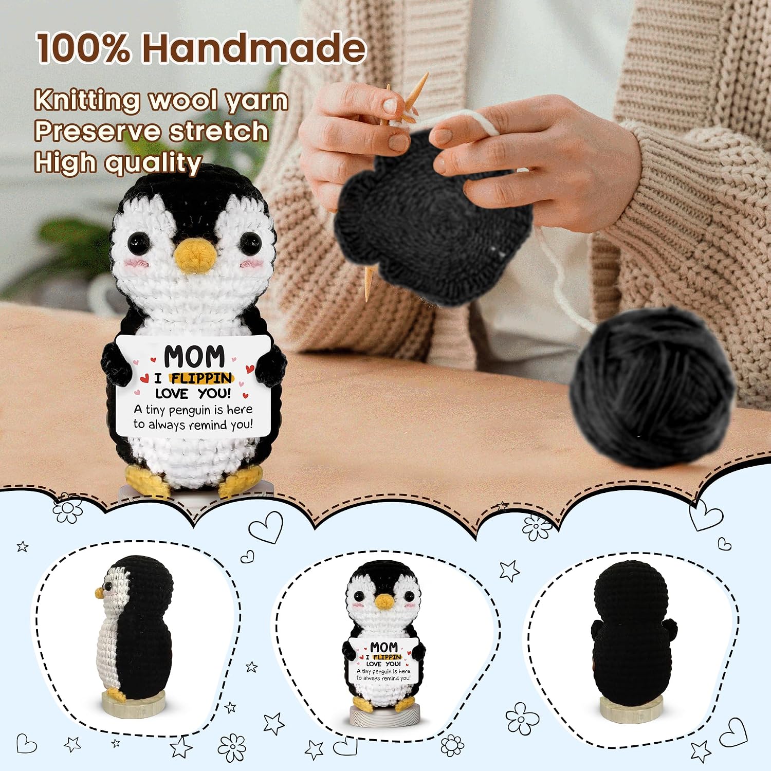 Gossby Gift for Mom - Positive Penguin Crochet with Card - I Flippin Love You - Mom Gift from Daughter, Son, Kid - Mothers Day, Christmas, Birthday Gifts - Handmade Crochet Animal with Message