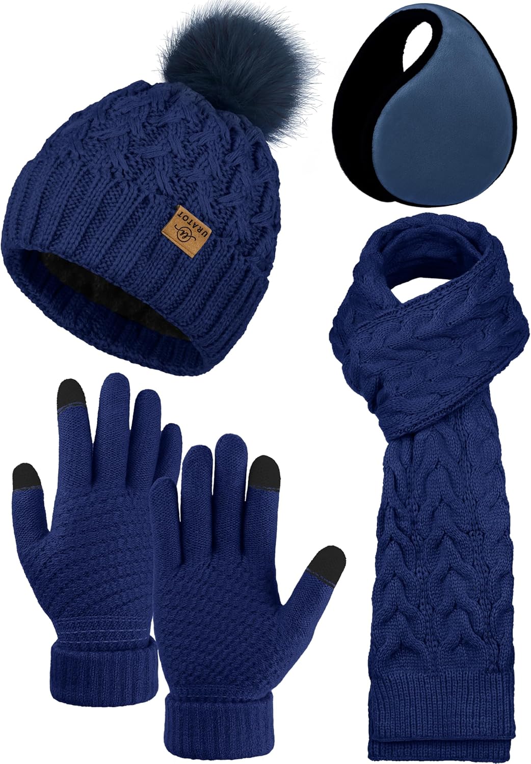 URATOT 4 Packs Winter Warm Set Knitted Pompom Hat Scarf Touch Screen Gloves Ear Warmer 4 In 1 Set for Men or Women