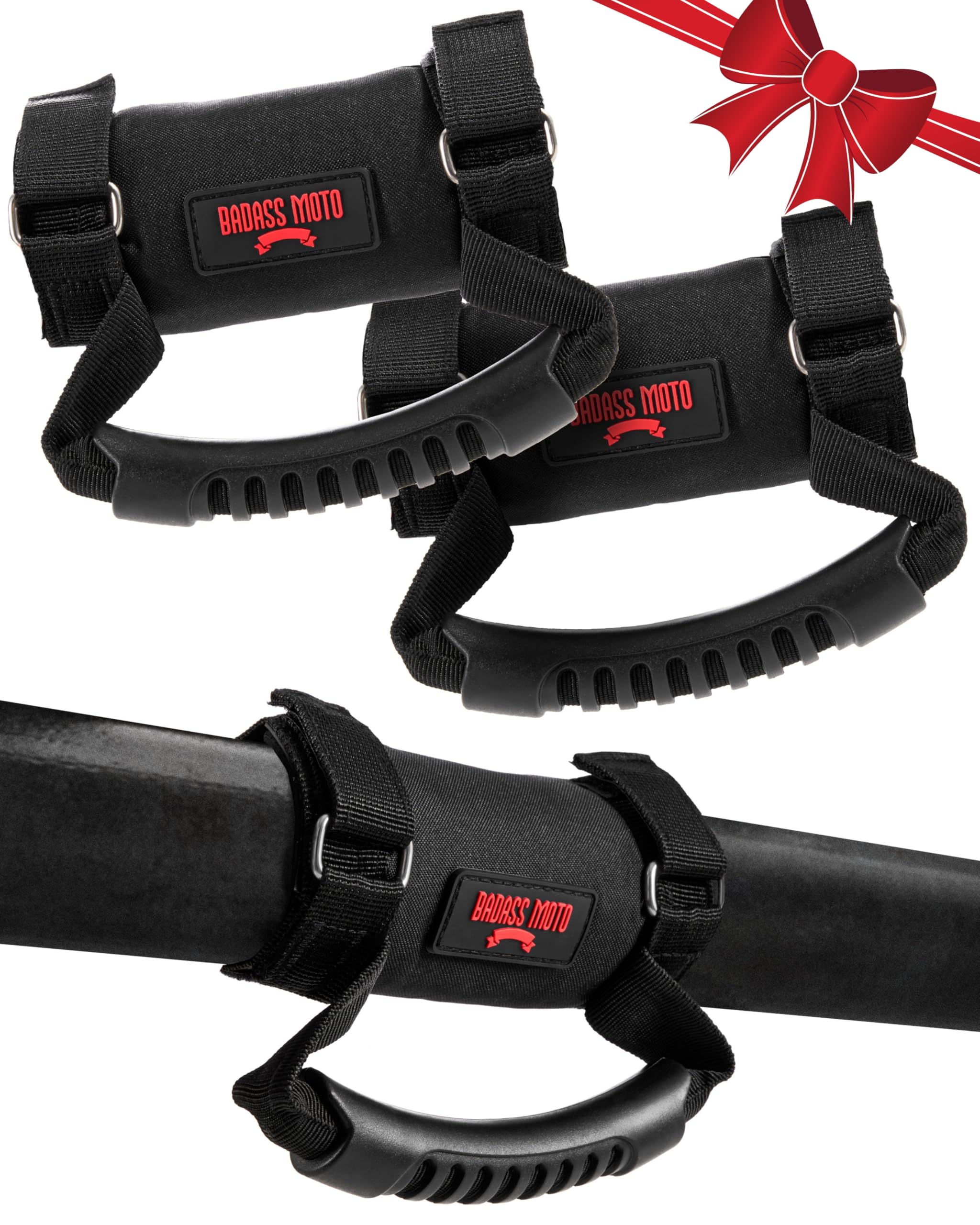 Badass Moto Roll Bar Grab Handles - SXS, ATV, & UTV Grab Handles Grips for 1.5 to 2" Rollbar - Black & Red Hand Grip Grabs with Stainless Steel Buckles for Honda, Teryx, Can-Am, Polaris, More - 2 pack