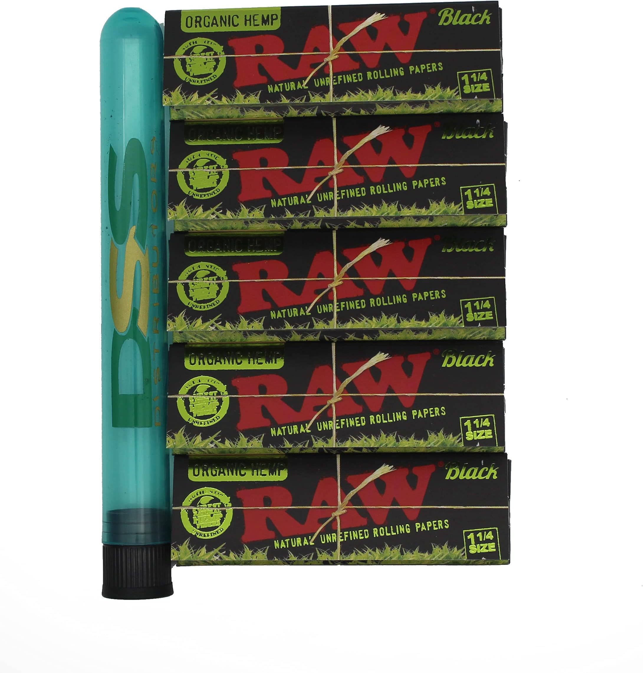 Raw Black Organic 1 1/4 Rolling Papers - 5 Packs (50 sheets per pack) + DSS Storage Tube