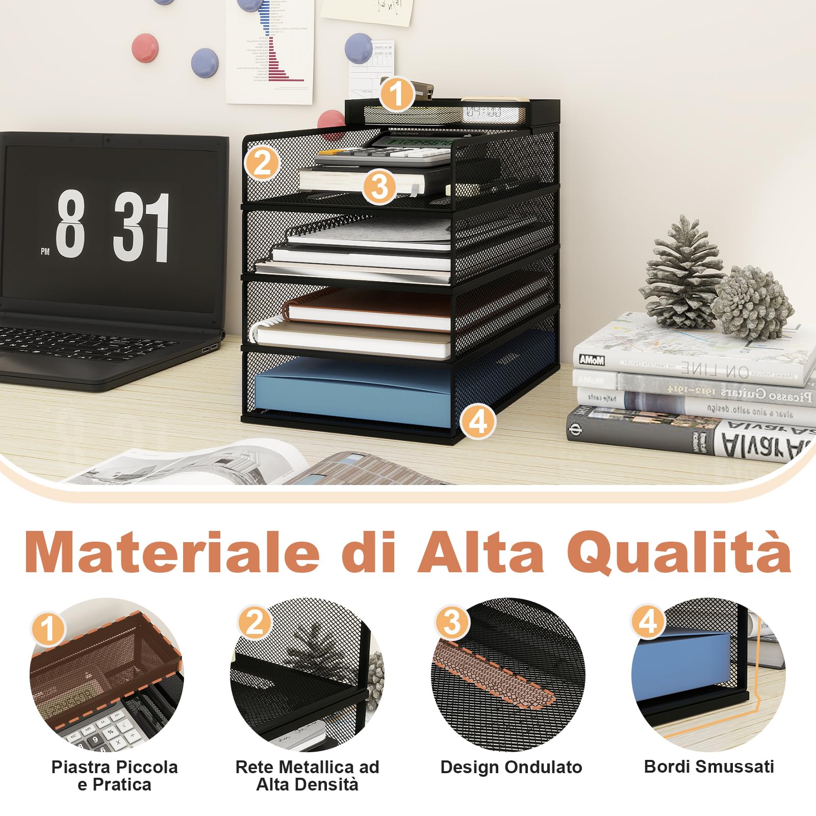 PUNCIA Porta Documenti da Scrivania in Metallo a 4 Livelli Organizer | Documenti Vassoio Porta Documenti Accessori Ufficio Vassoio per Lettere A4 Tavolo per Ufficio Domestico e Scola (Nero)