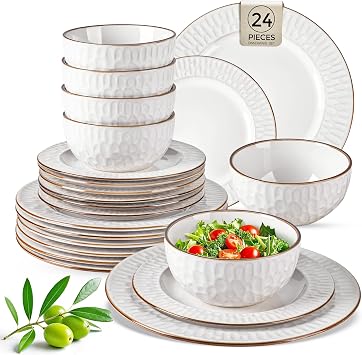 GBHOME Ceramic Dinnerware Sets, 24 pcs Embossed Elegant Stoneware Plates and Bowls Sets, Housewarming Wedding Gift | Dishwasher & Microwave Safe | Dishes Set Service for 8