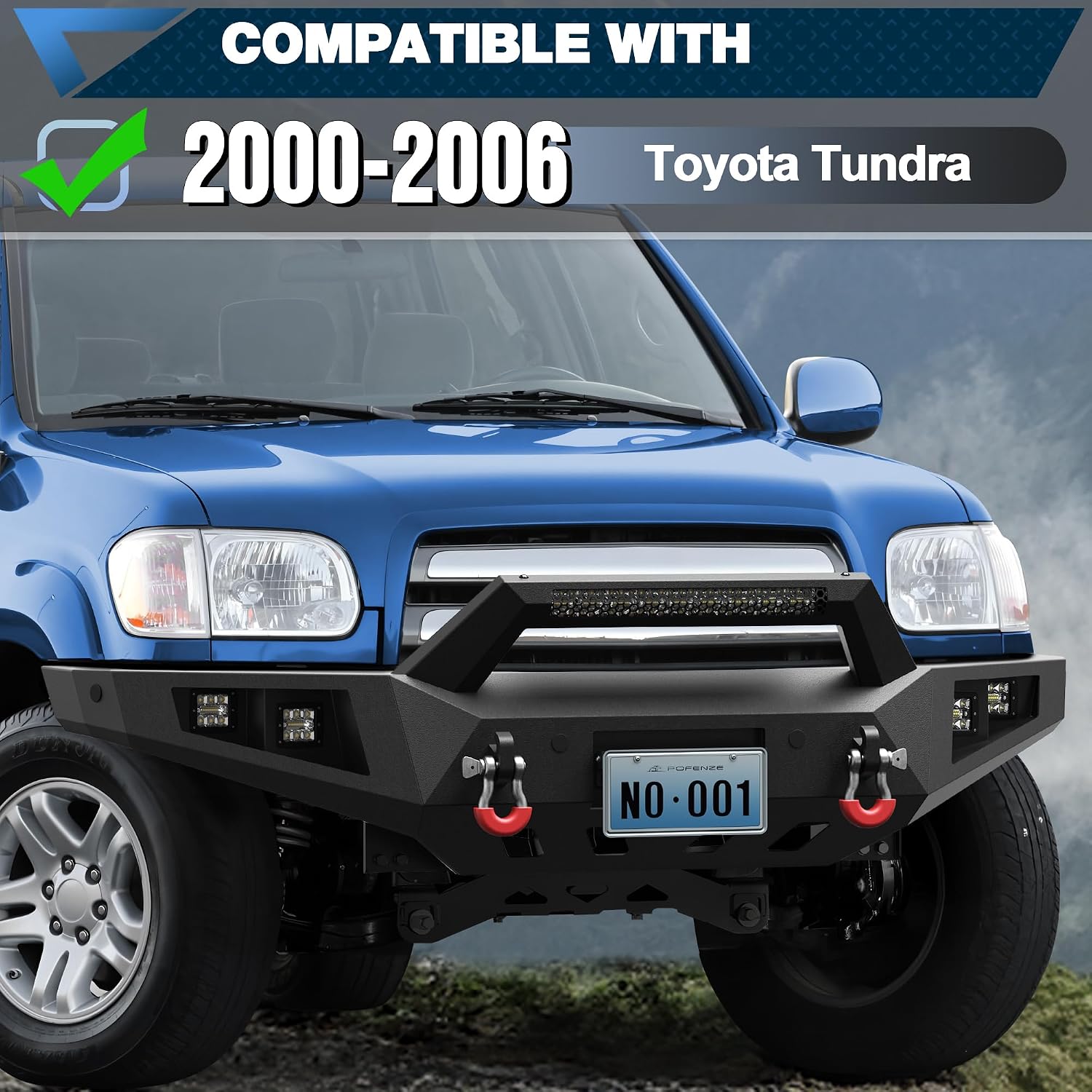 00-06 Tundra Front Bumper Full Width Offroad Bumper w/Winch Plate, 144W Light Bar, 4x18w Lights, D-rings, License Plate Bracket for 2000-2006 Tundra Pickup Trucks