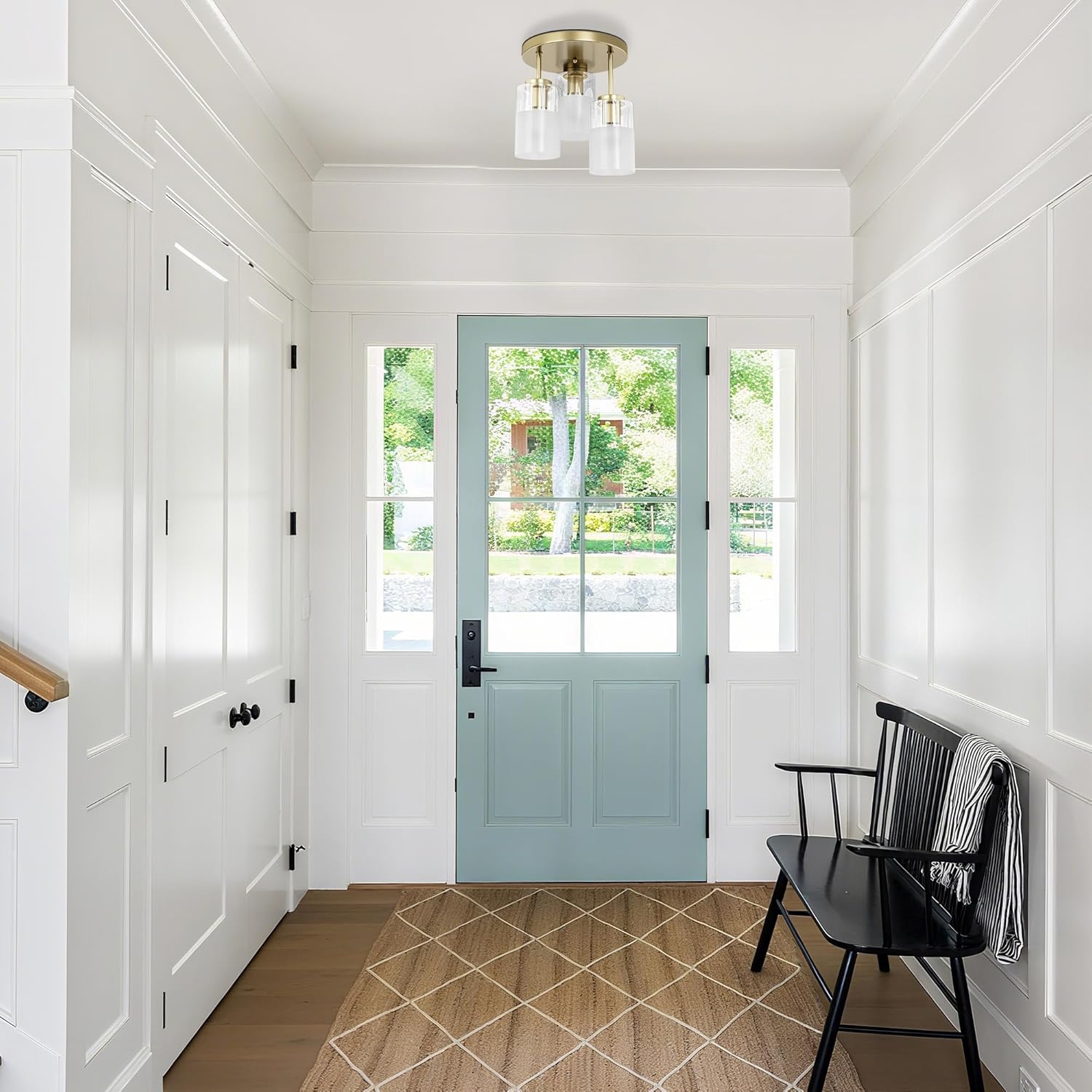 Maxax 3-Lights Brass Semi Flush Mount Ceiling Light Fixture, 11.5" Modern Farmhouse Light Fixture with Clear Frosted Glass, E26 Base, for Kitchen, Foyer, Hallway, Entryway, Bedroom, Stairs