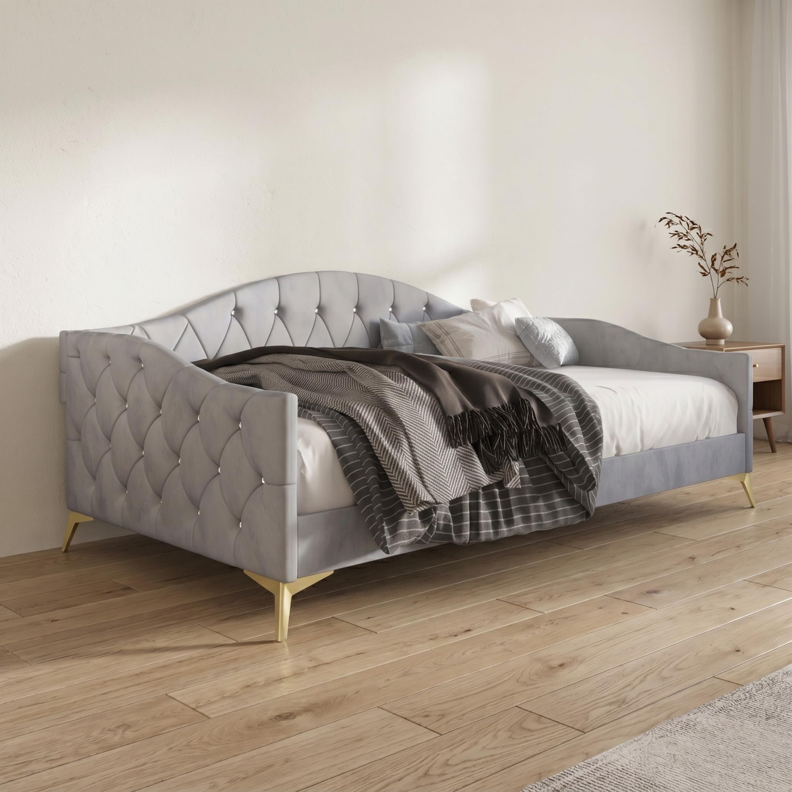 Best Hemnes Daybed Picks for Small Rooms in 2026 3 HOME DESIGN Hemnes Twin Velvet Diamond Tufted Daybed, Silver Gray — product photo