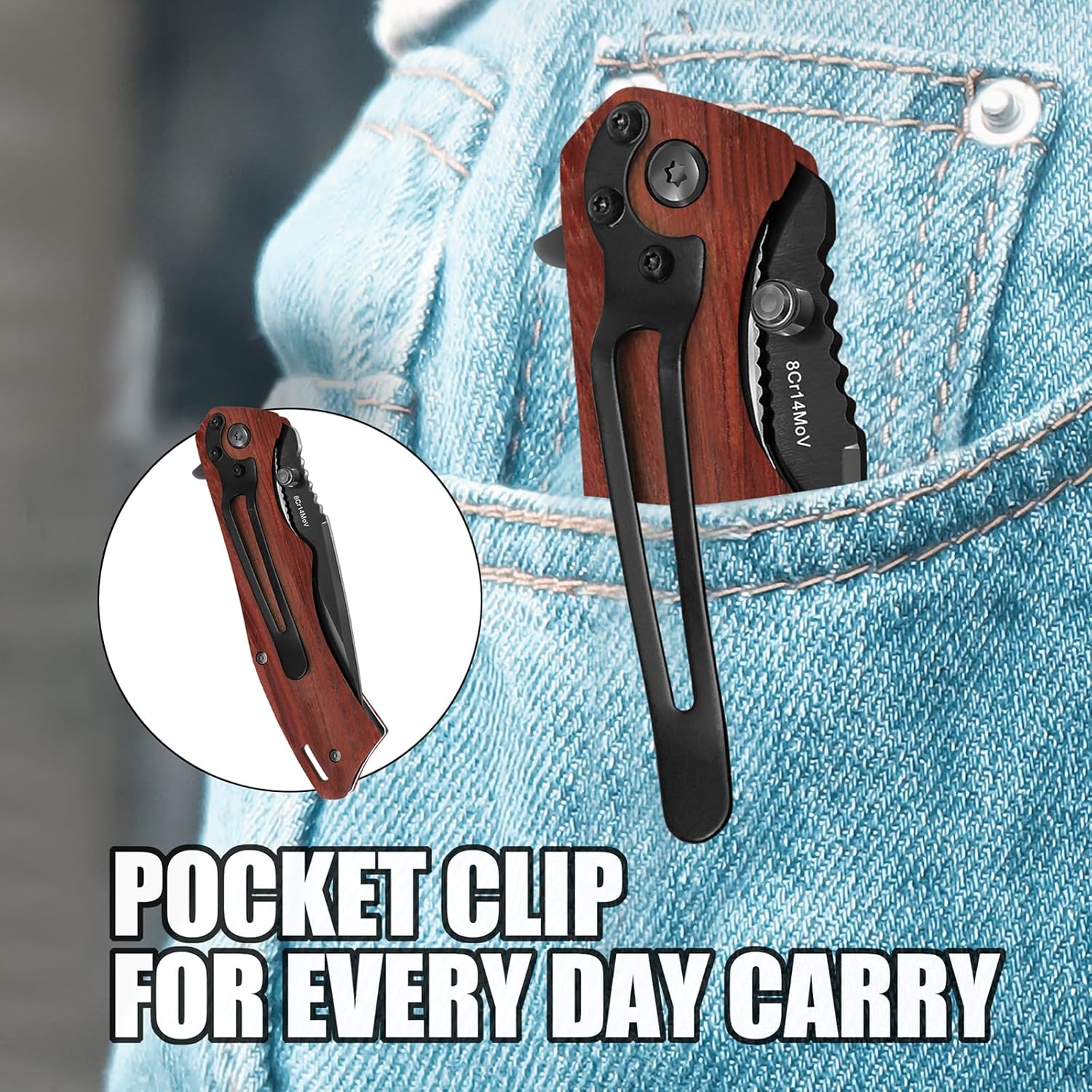 Harita Pocket Knife, Folding Knife with Pocket Clip, EDC Knife for Men & Women, 3.4" 8Cr14MoV Steel Blade with Liner Lock, Camping Knife, Hunting, Hiking - Father's Day Gift (Wood + Black)