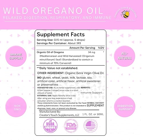 Miniatura 2 de Aceite mediterráneo silvestre de orégano, 2 onzas líquidas, gotas  Suministro para 6 meses  Aceite orgánico de orégano líquido  Mezcla de hierbas