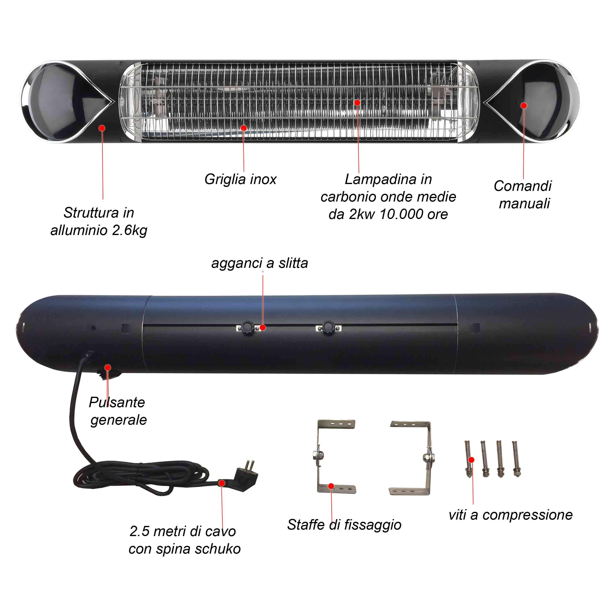 Lampada Infrarossi Riscaldante a bassa luminosità con telecomando e lampadina in Carbonio, 2000 Watt, IP55, 4 Livelli di Potenza, Interno e Esterno, Bassi Consumi Blaze2000, Nero