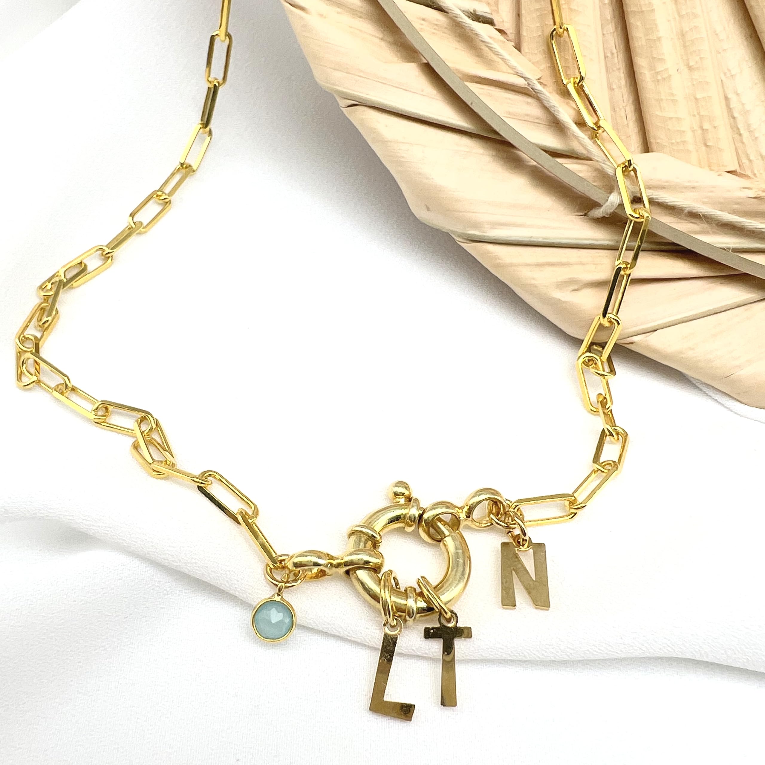 Pulsera Marinera Initials Plata de Ley 925, Pulsera letra(s) inicial(es), Cadena de eslabones de plata, cierre resort/reasa/marinera, Regalo Personalizado para la Mamá/Madre, piedra natural, hand made