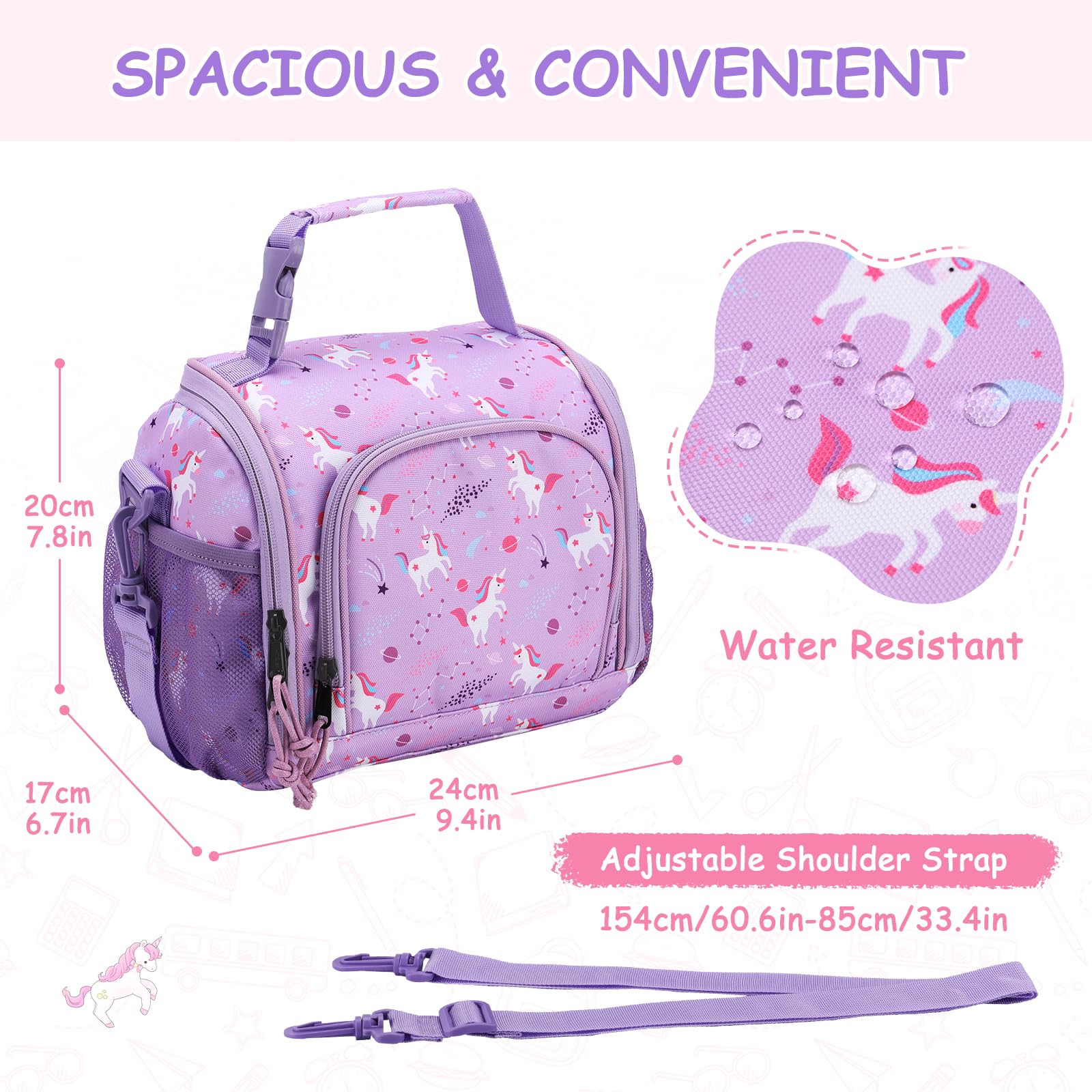 VASCHY Bolsa Almuerzo Infantil, Bolsa Termica Porta Alimentos Grande Nevera Termica para Niño Niña con Correa de Hombro Desmontable Bolsa Merienda Infantil para Picnic Colegio Viaje, Morado Unicornio