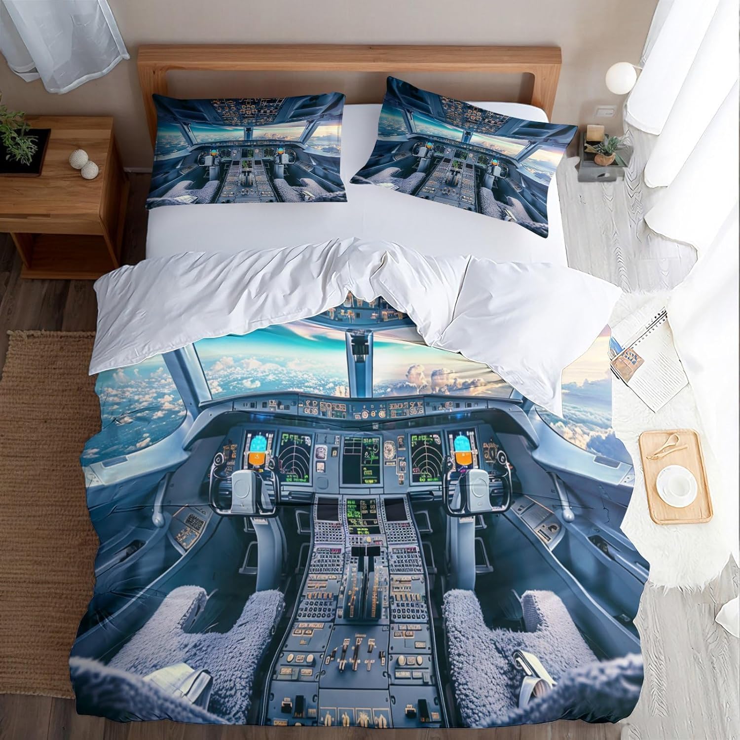 Funda Nordica Cama 135/150 Avión 3D Microfibra Suave Ropa de Cama Cabina de Avión de Carga 3 Pezzi Include 1 Fundas de Edredón 220x240 cm 2 Fundas de Almohada 50x75cm K.1528