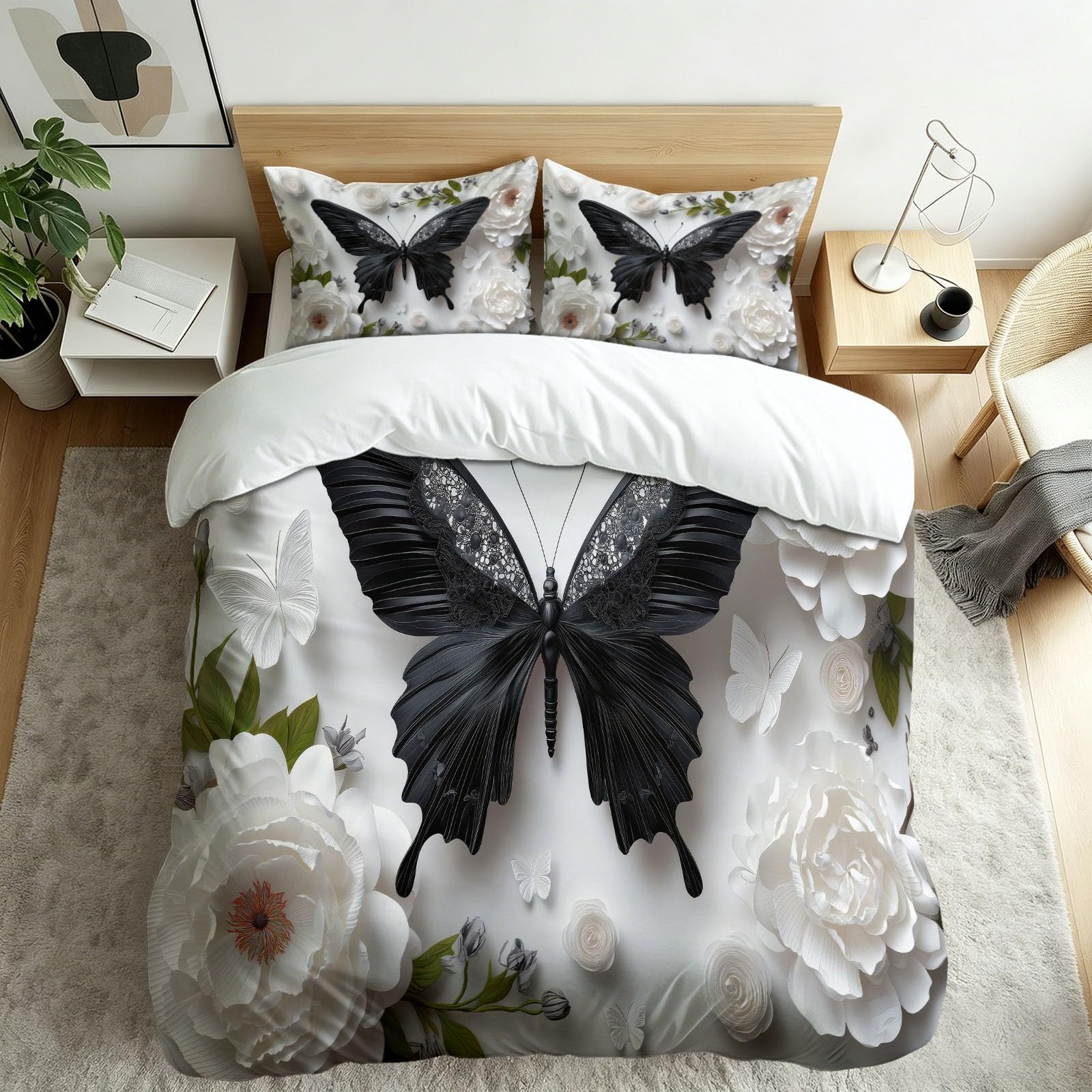 Générique Poszwa na kołdrę 220 x 240 cm realistyczny motyl kwiatowy piwonia biała wstążka, komplet pościeli z mikrofibry z 2 poszewkami na poduszki 65 x 65 cm, poszwa na kołdrę z zamkami