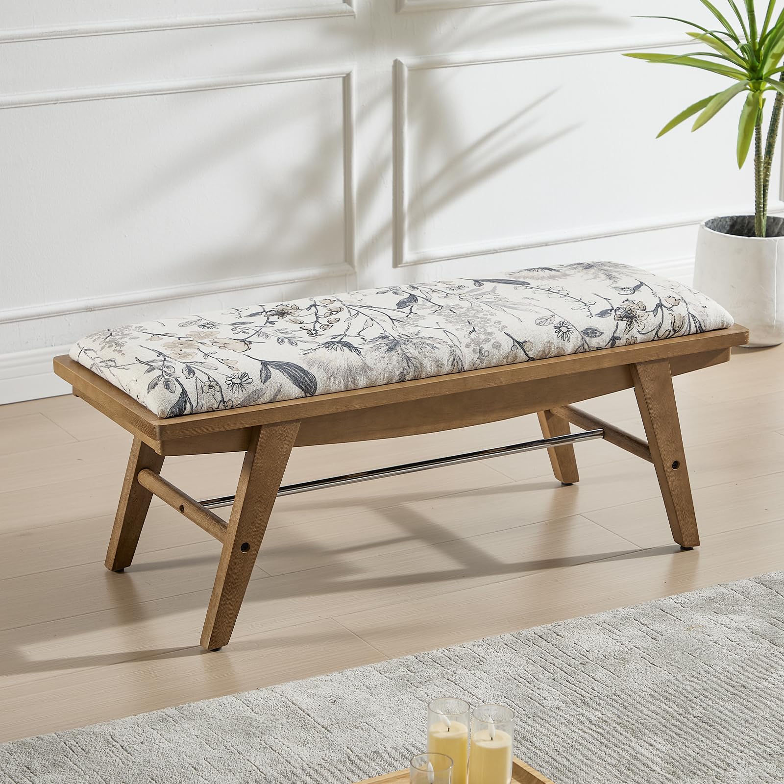 Banc Bois Massif et Lin Banc Ottoman Confortble Banquette d'Entrée Style Rétro pour Chambre Salon, Beige Patten