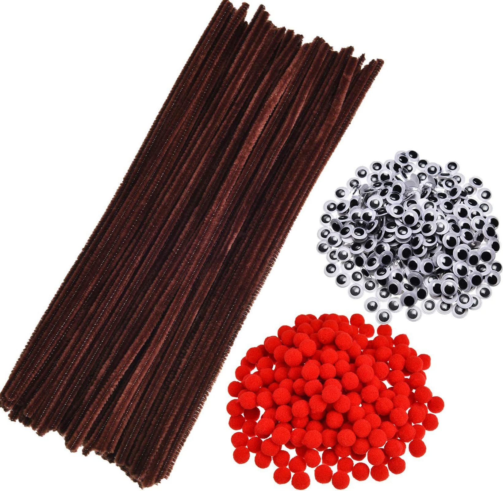 Cheeroyal 150+150+150Pcs 450Pcs Christmas Reindeer Diy Craft Set, Brown Pipe Cleaners Chenille Stems Fluffy Red Pom Poms And Googly Eyes Pack Christmas Rudolph Making Set (150+150+150Pcs)