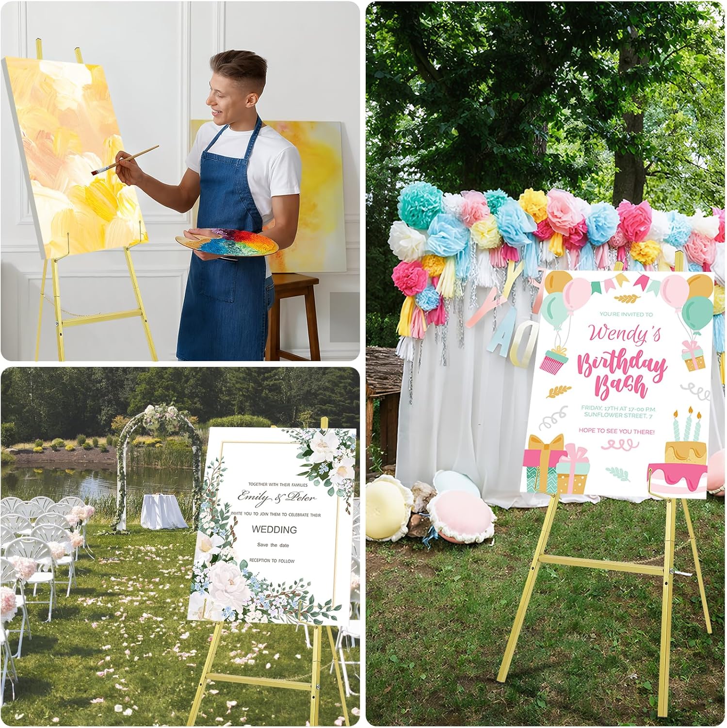 2 Pack Gold Easel Stand for Wedding Sign, Heavy Duty Metal Display Easel with Adjustable Chain, 4-Tier Height Adjustable Art Easel for Painting, Posters, Pictures & Commercial Display