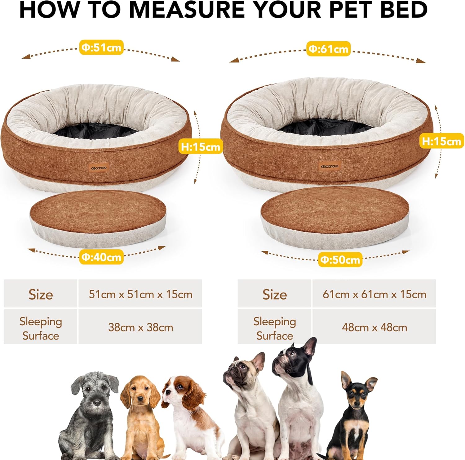 Deconovo Cosy Donut Dog Bed Medium– Soft Plush Cushion with Water Resistent Back & Non-Slip Base – Washable & Durable Nest for Dogs and Cats, 61x61x15cm, Caramel and Cream 6 81EFh12s8NL. AC SL1500