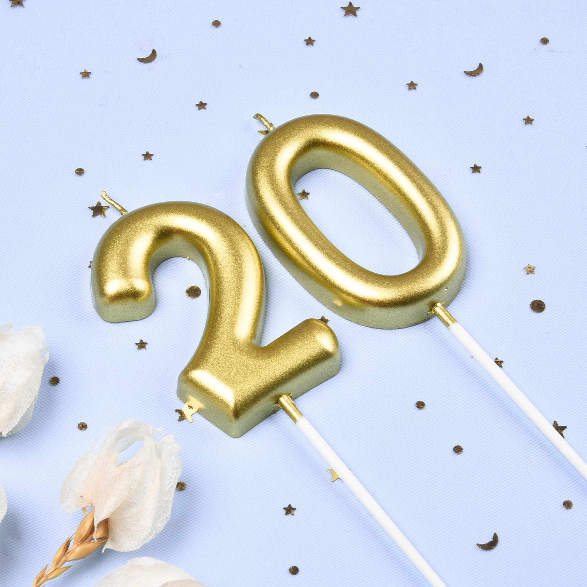 Velas clásicas de cumpleaños de 2.76 pulgadas con 20 números, velas de números dorados, velas de números de pastel, celebración de fiesta