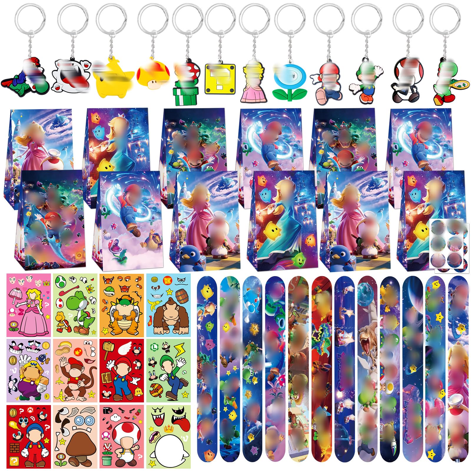 60pcs Cartoon Party Bags, Party Supplies with 12 Gift Bags, 12 Sealing Sticker, 12 DIY Stickers,12 Keychains,12 Slap Bracelets, Party Decorations Kids Birthday Party Supplies, Goodie Bag Fillers