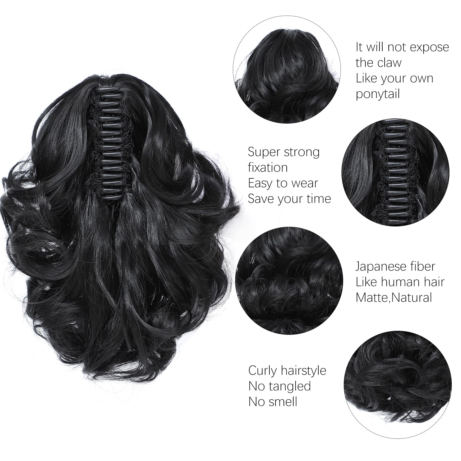 Yamel Ponytail Extension Short Cute Curly Wavy 1B Natural Black Claw Jaw Clip in Synthetic Hairpiece Pony Tail Tale Ponytail Hair Extensions - Image 3