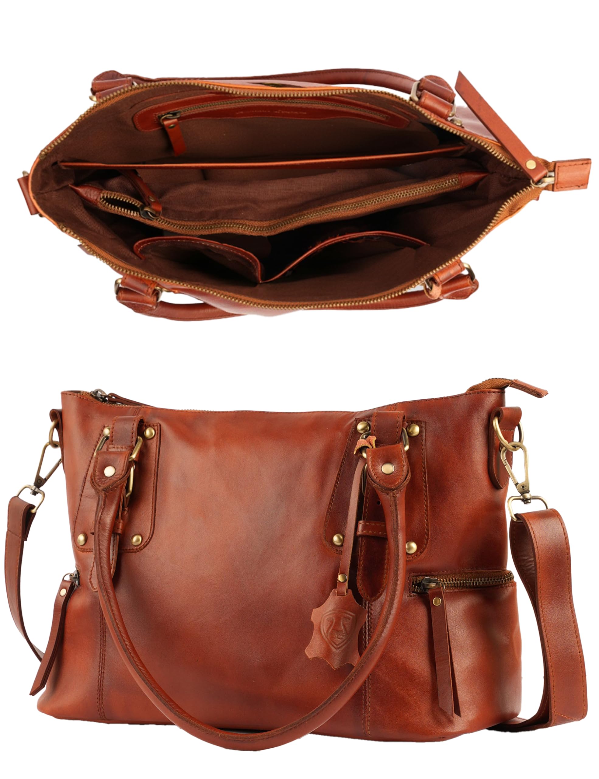 Superior LeatherWomen Genuine Leather Handbag Shoulder Bag Full Grain Real Leather Cognac SLG-2