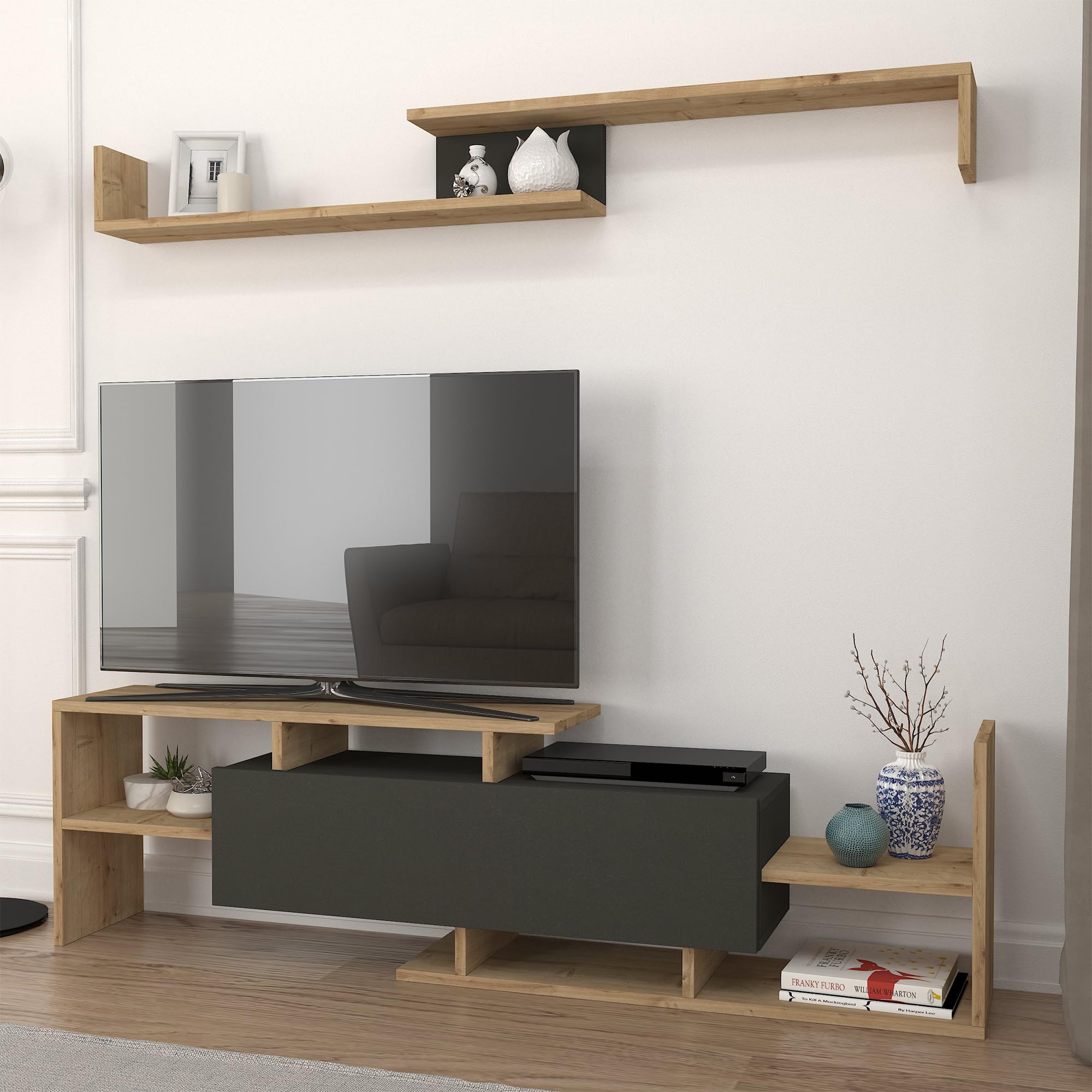 [en.casa] Juego de Muebles de Salón Liksefte Mesa para Televisor con Múltiples Compartimentos Estantes y 1 Puerta Mueble TV con Estantería de Pared Aglomerado 154x28x42cm - Efecto Roble Zafiro/Negro