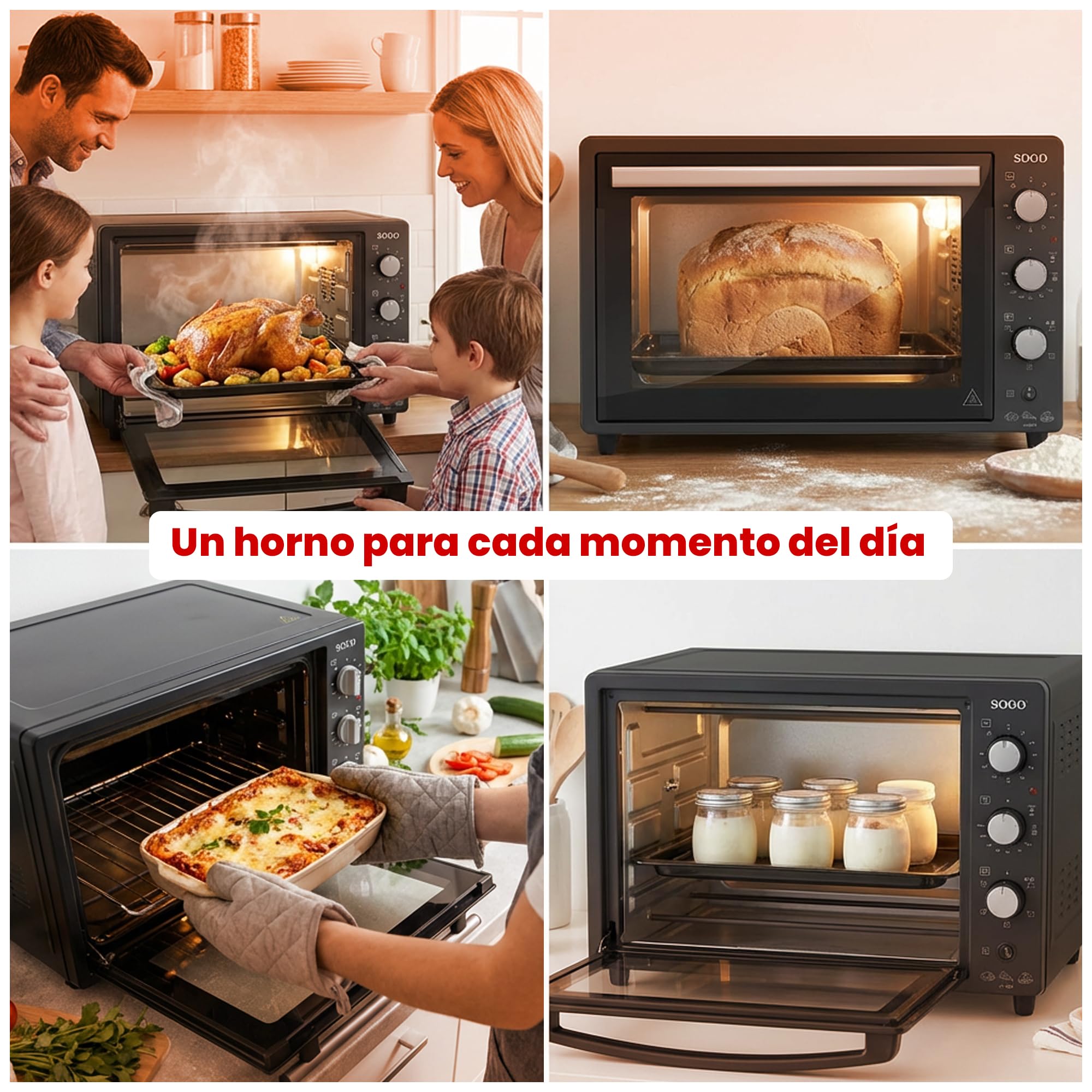 Sogo Horno Sobremesa de Convección 70L - Horno Eléctrico con Rustidor para Asados Jugosos - Horno Multifunción con Gratinador para Recetas Crocantes - Ideal para Cualquier Plato