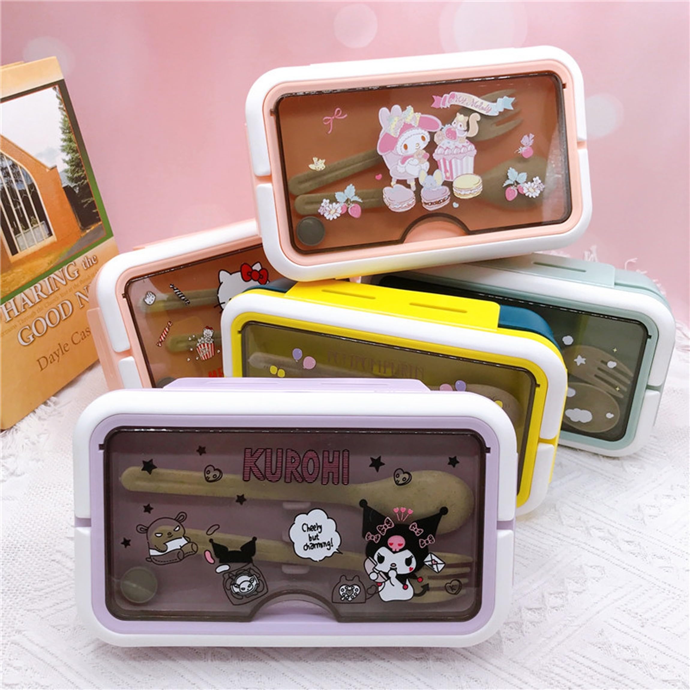 Roffatide Cartoon Cinnamoroll Carino Stampato All-in-One Bento Scatole con Maniglia Kawaii 4-Point Lock Tipo Lunch Box Contenitori per Food Frutta Snack