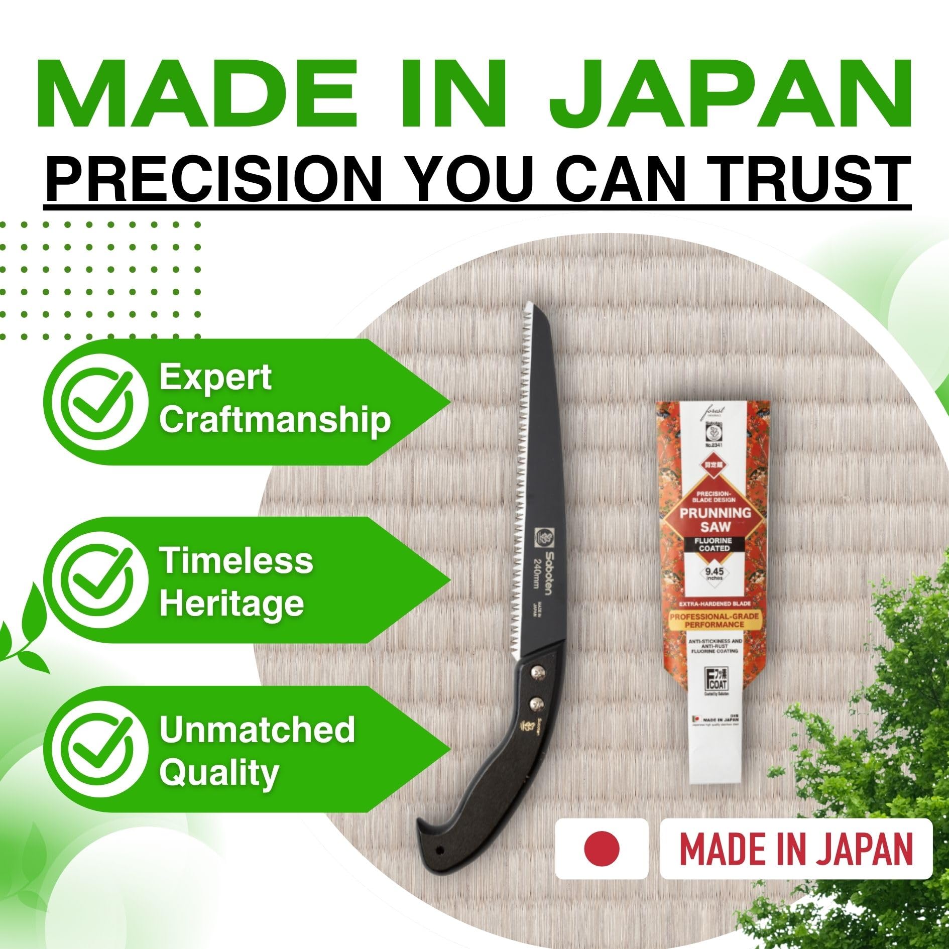 Saboten Japan - Sierra de podar japonesa de 9.4 pulgadas, hoja de acero de alto carbono recubierta de flúor, mango de madera tradicional, herramienta de corte de precisión para ramas, originales del