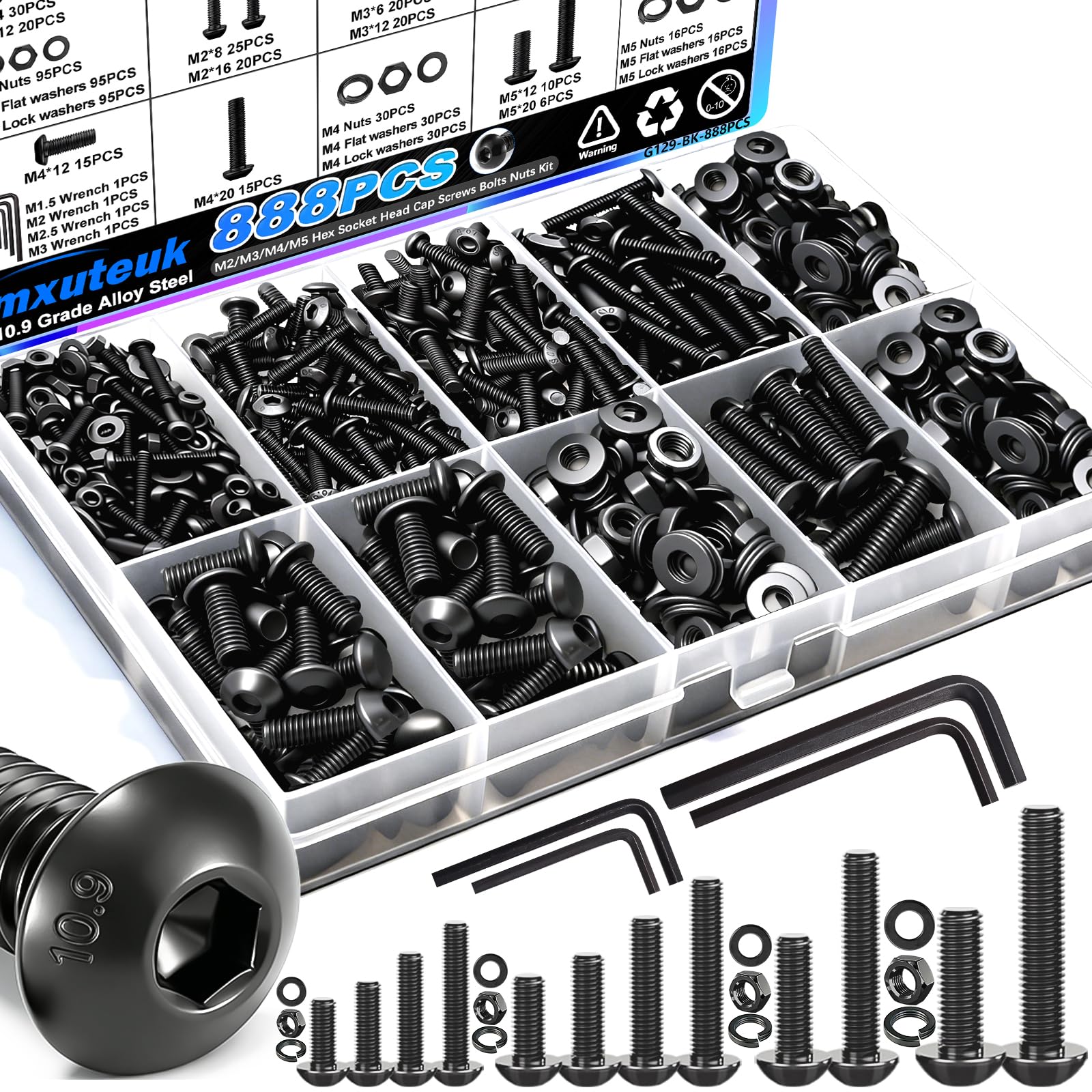 mxuteuk 720PCS M3 Screws Kit,M3×6/8/10/12/16/20mm M3 Screws Assortment Kits,12.9 Alloy Steel M3 Hex Socket Head Bolts Nuts Washers Set Suitable for 3D Printer,DIY — Amazon image 9