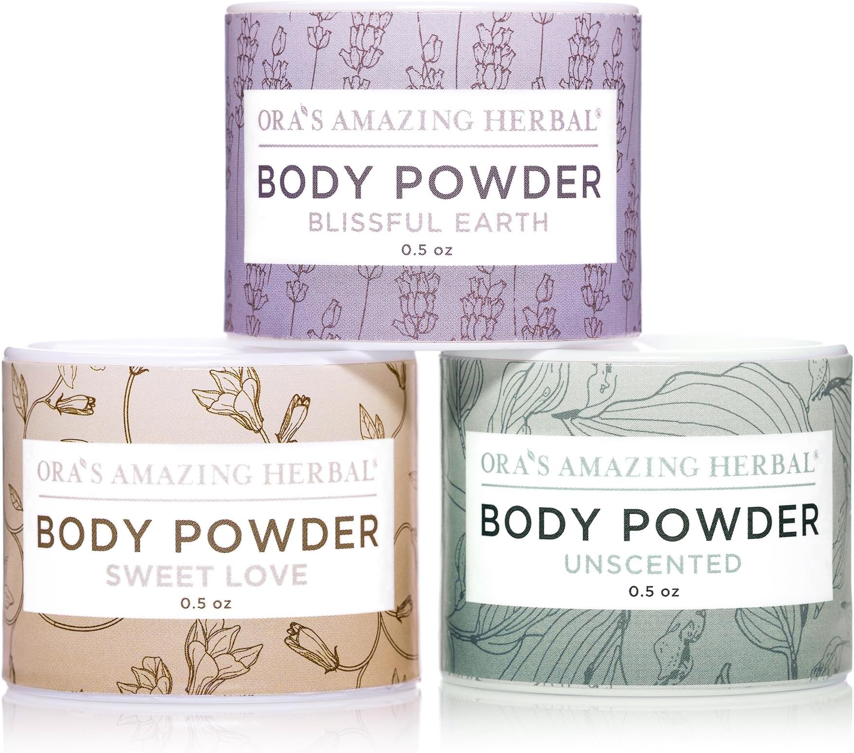Natural Body Powder Dusting Powder Travel Sizes 3 pak, No Talc, Corn Grain or Gluten Sweet Love, Blissful Earth, Unscented.5 oz each