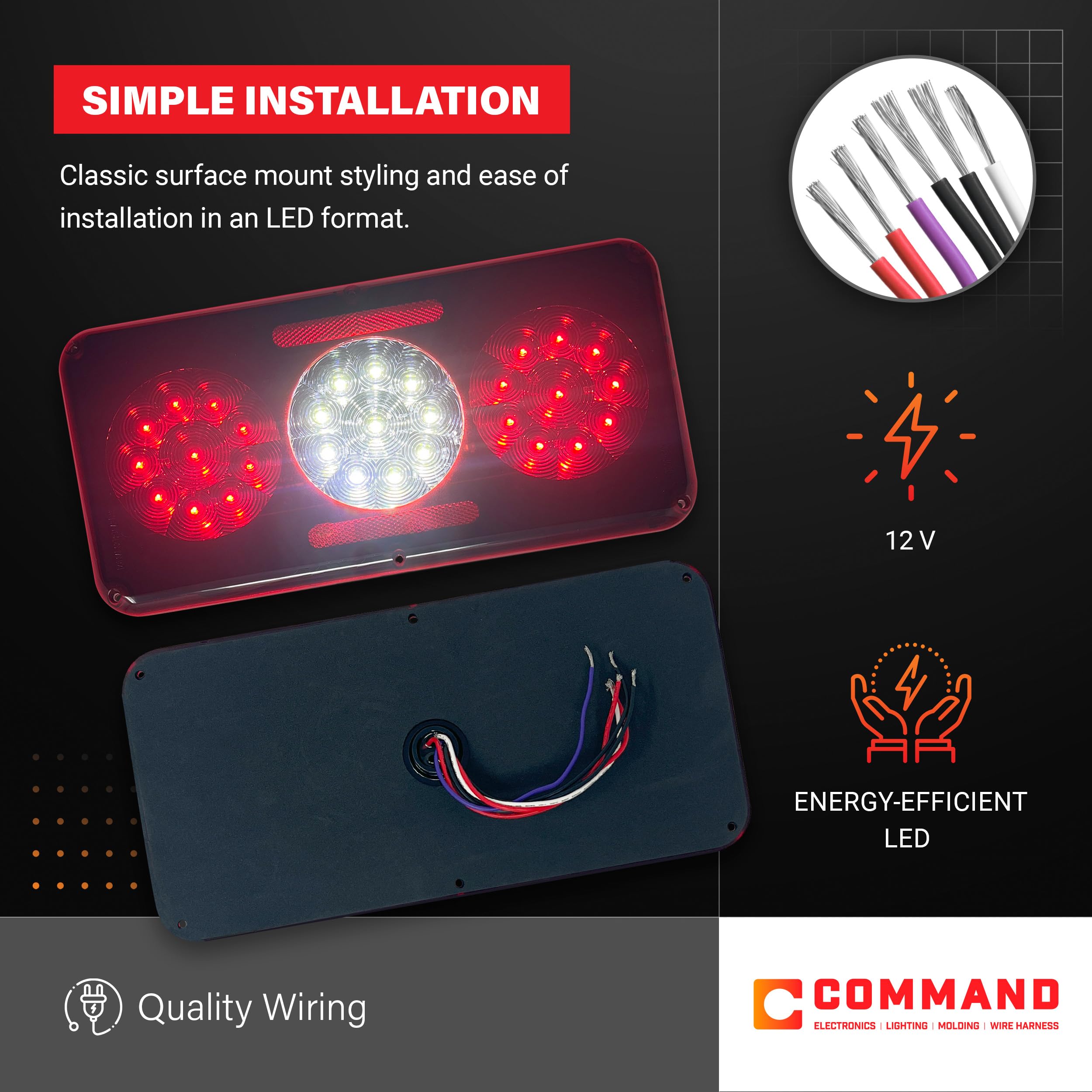 Command Electronics 12V LED RV Trailer Stop-Tail-Turn Light With Reflex - Made In USA - Surface Mount