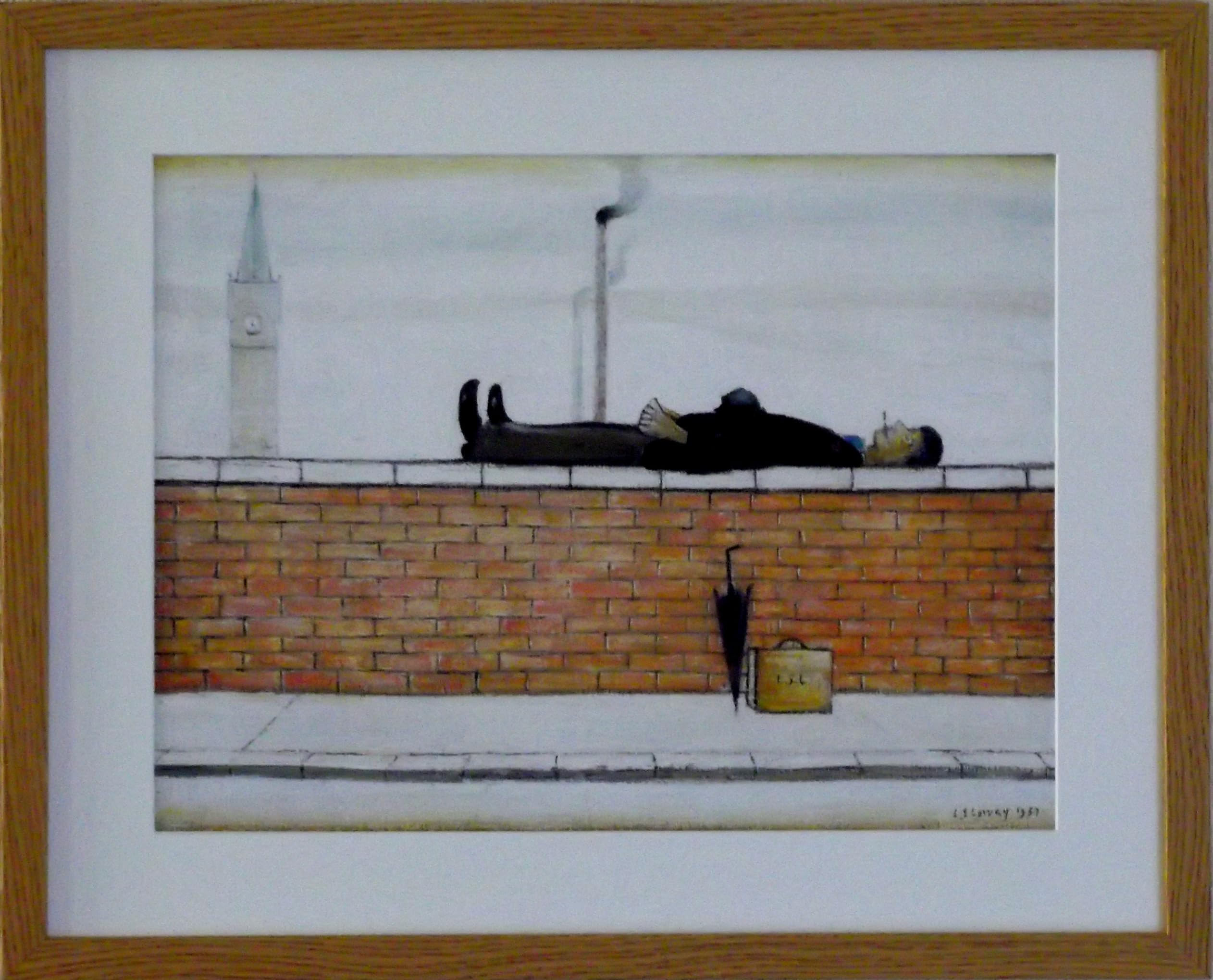 Stateoftheart-Uk Light Oak Finish Frame With Soft White Mount And Large Image Authentic L S Lowry Print - Man Lying On A Wall - 21 X 17Inch Sustainable Engineeered Wood Frame - Textured Image In A Mount