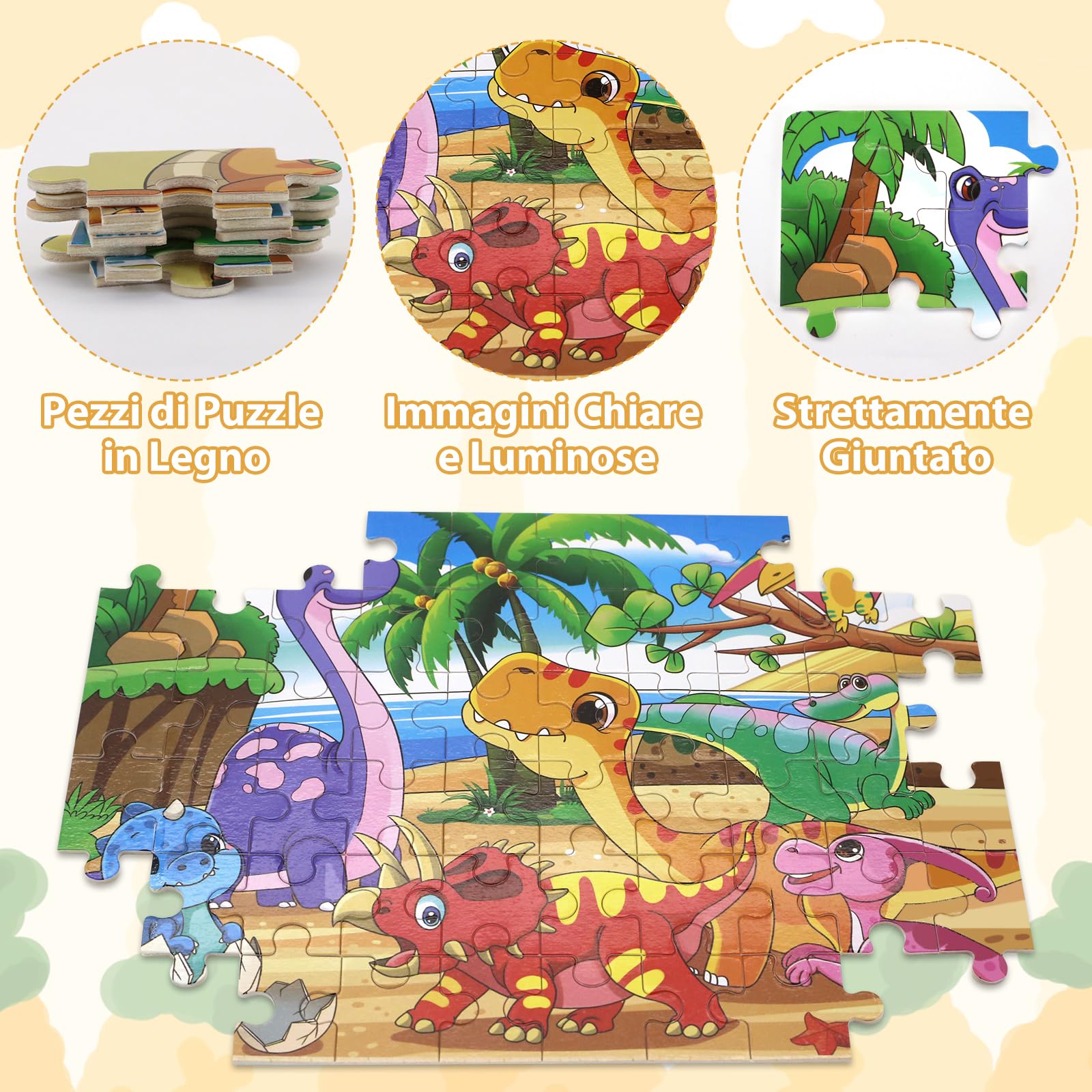 Puzzle legno per bambini 3-7, per bambini dai 3-4 anni Giocattolo per attività in dinosauro, Legno didattico regalo per viaggio su strada-4x60 pezzi