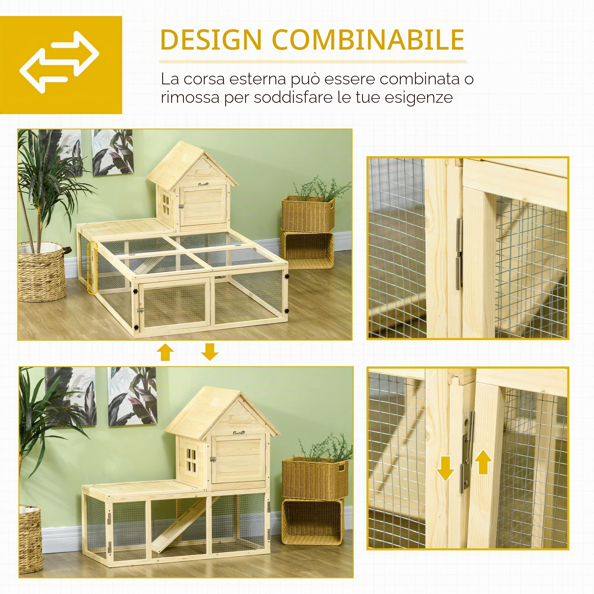 PawHut Legnaia Coniglio 2 Livelli, Area Corsa, Rampe | Recinto animali, villa coniglio, porte bloccabili, 151,5x106x97 cm.