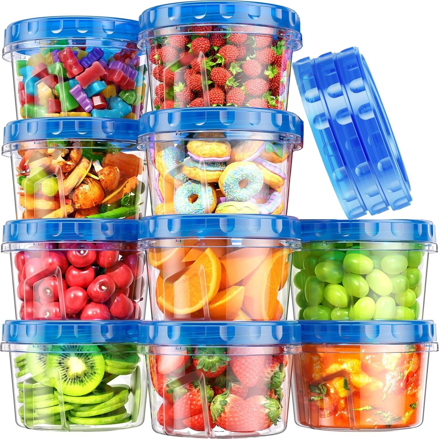 Latern Blue 10Pcs Plastic Food Containers With Lids, 480Ml /16Oz Reusable Leakproof Deli Bowls Stackable Food Storage Jars With Leakproof Lids, Dishwasher & Microwave & Freezer Safe (Blue)