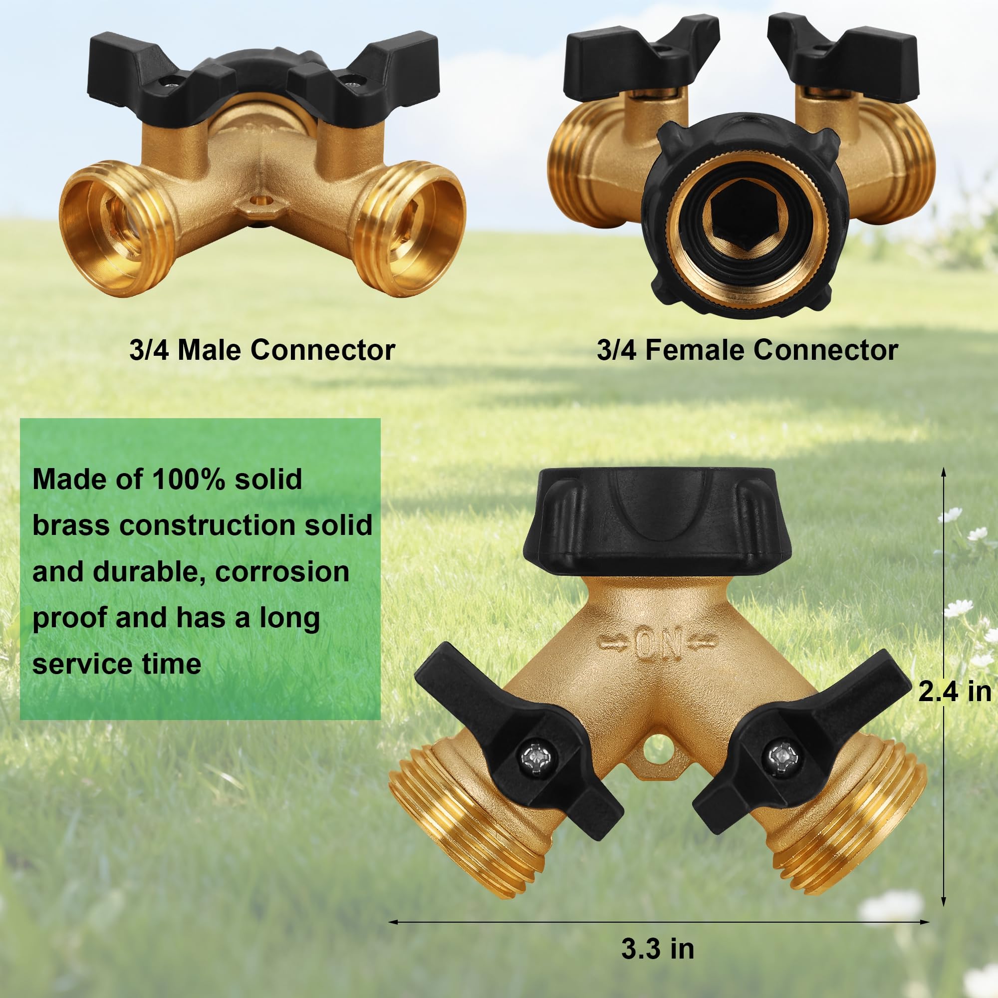 Biswing Splitter per tubo da giardino a 2 vie, connettore in ottone resistente, splitter a Y, 2 valvole con 2 rondelle in gomma extra