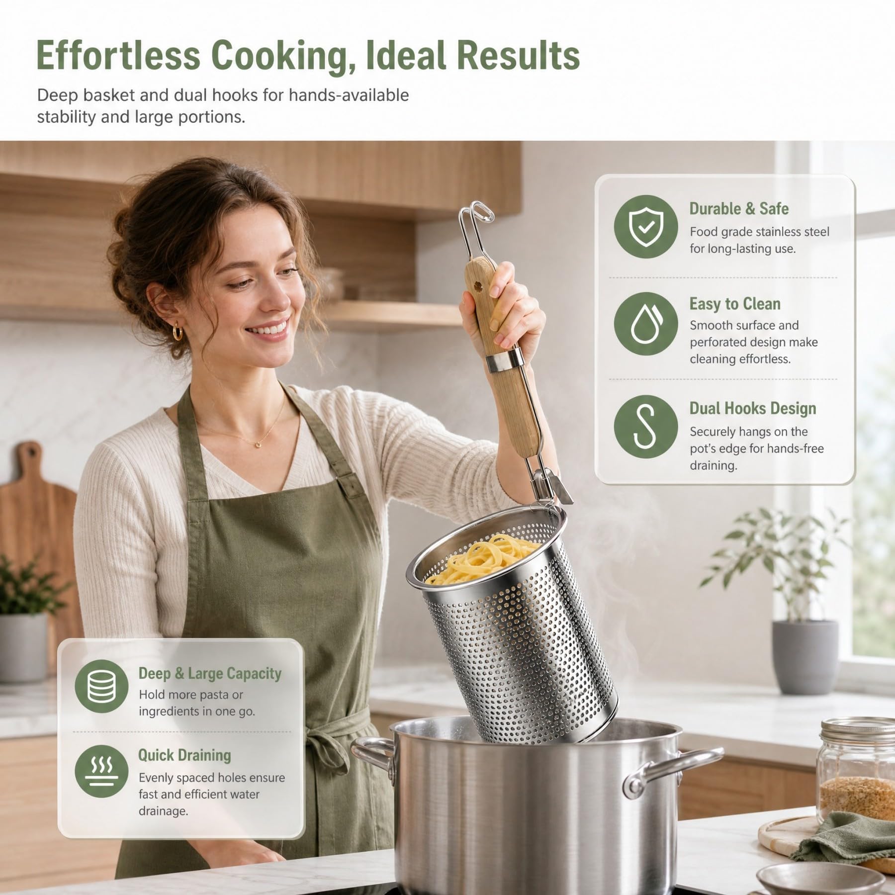 Colador de pasta de acero inoxidable, 2 piezas, cesta microperforada con mango de madera - Colado rápido, colgado en olla, para espaguetis, verduras, albóndigas y vapor