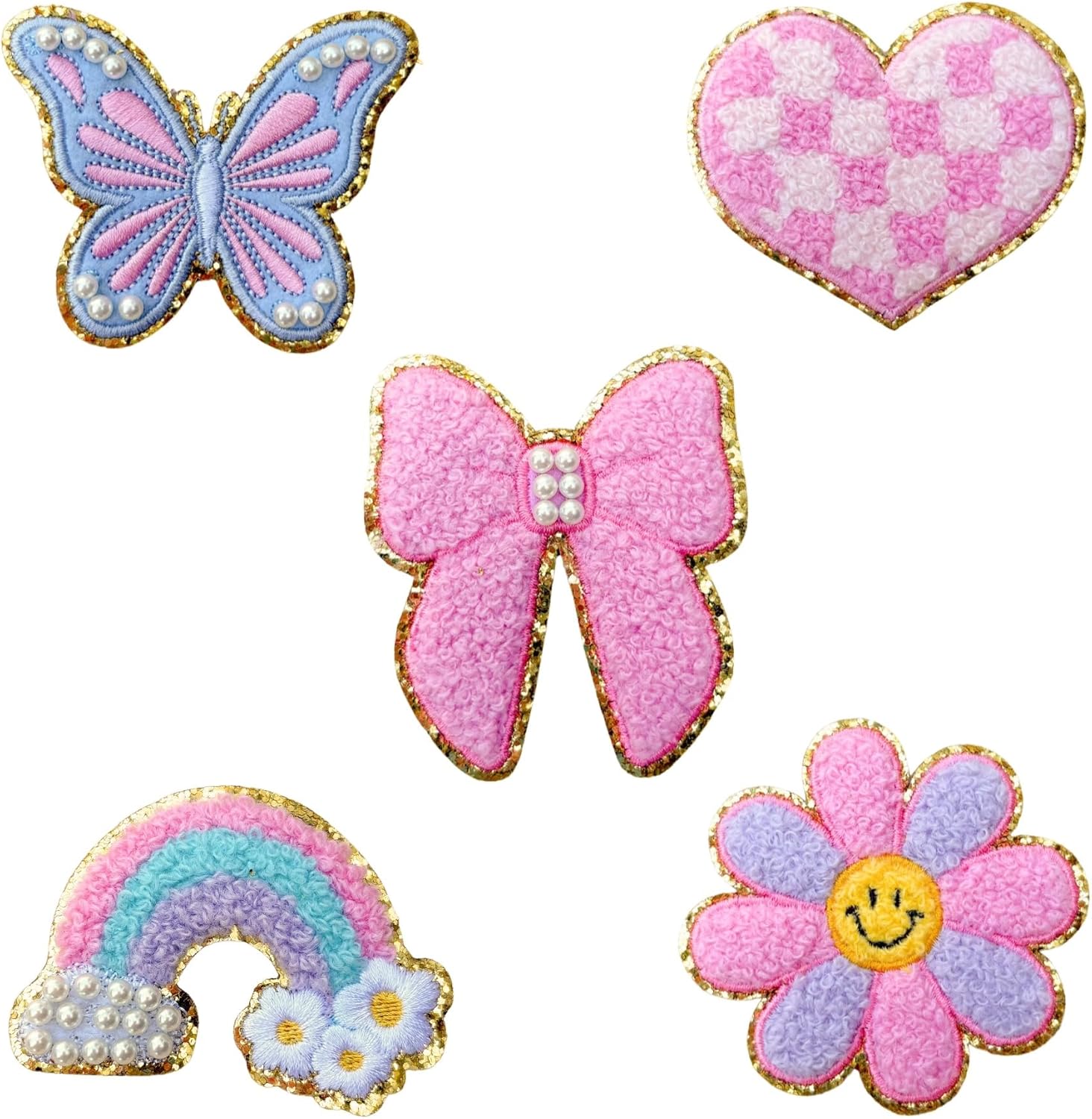 Noa Jayne Co. Chenille & Embroidered Iron-On Patches with Pearls – Rainbow, Butterfly, Bow, Checkered Heart & Smile Flower – Cute Aesthetic Appliqué for Jackets, Backpacks, Jeans & DIY Crafts